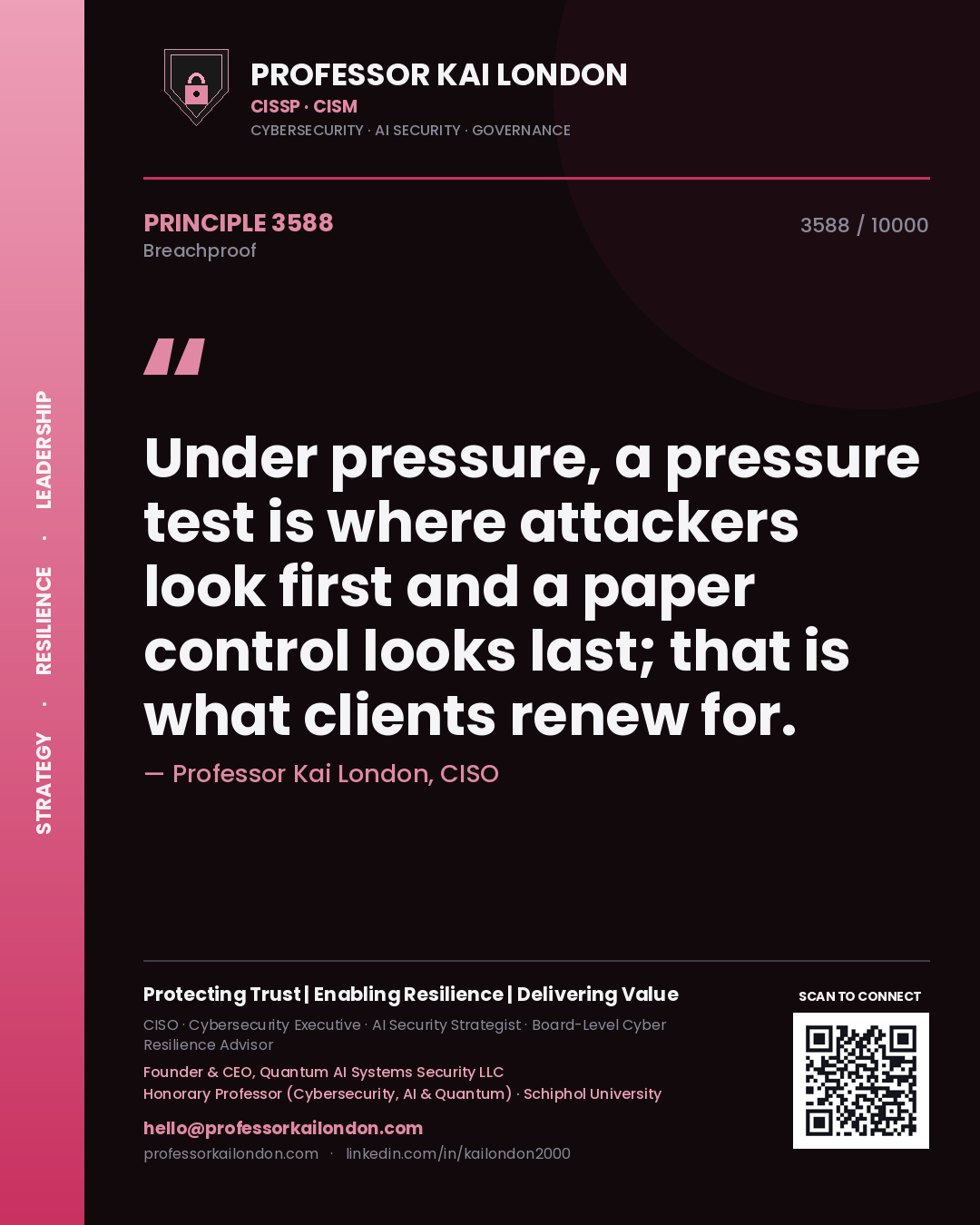Quote card by Professor Kai London reading 'Under pressure, a pressure test is where attackers look first and a paper control looks last; that is what clients renew for.'. From the book Breachproof.