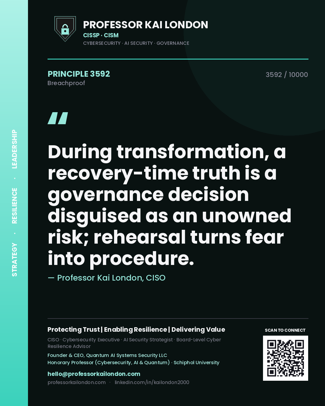 Quote card by Professor Kai London reading 'During transformation, a recovery-time truth is a governance decision disguised as an unowned risk; rehearsal turns fear into procedure.'. From the book Breachproof.