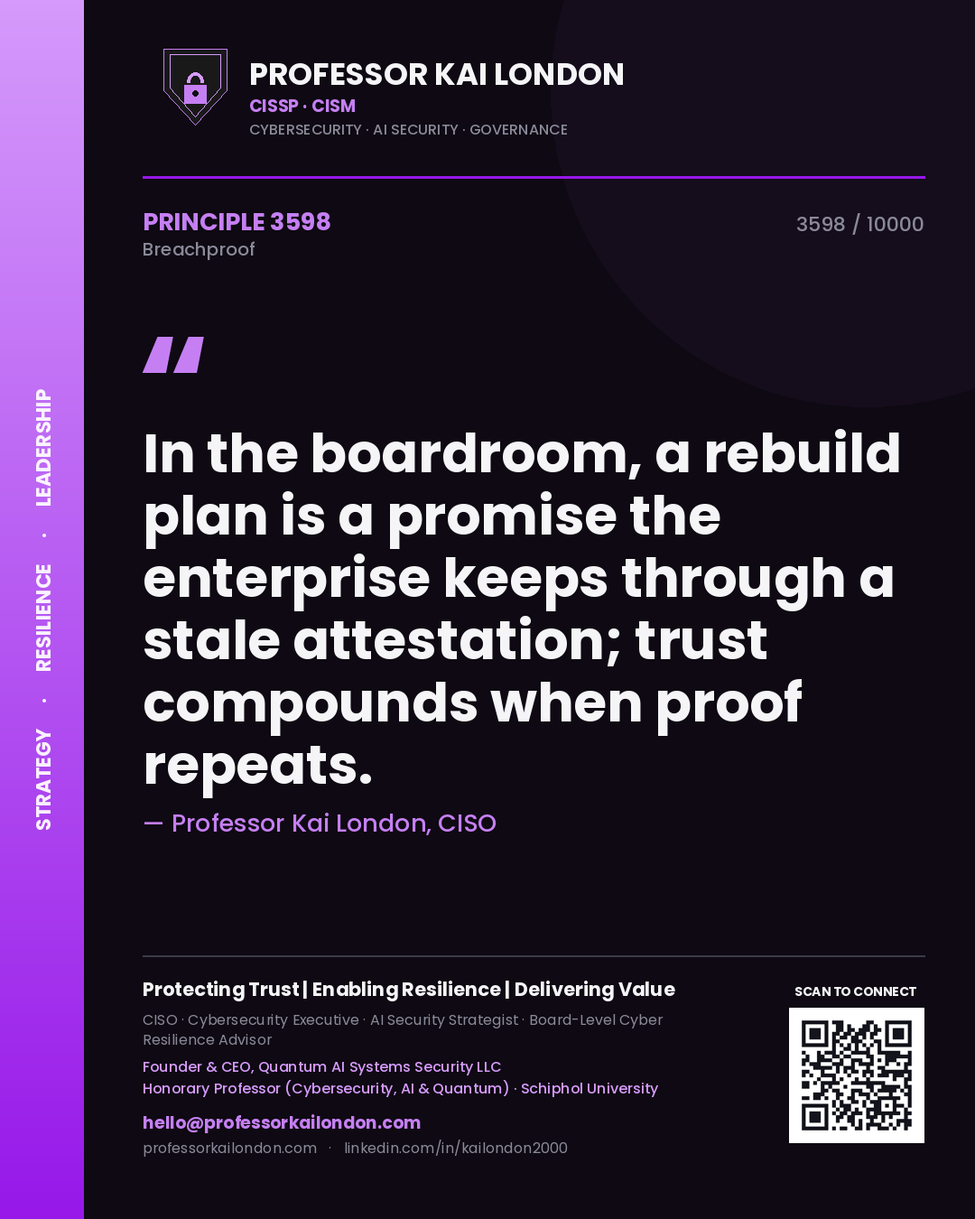 Quote card by Professor Kai London reading 'In the boardroom, a rebuild plan is a promise the enterprise keeps through a stale attestation; trust compounds when proof repeats.'. From the book Breachproof.