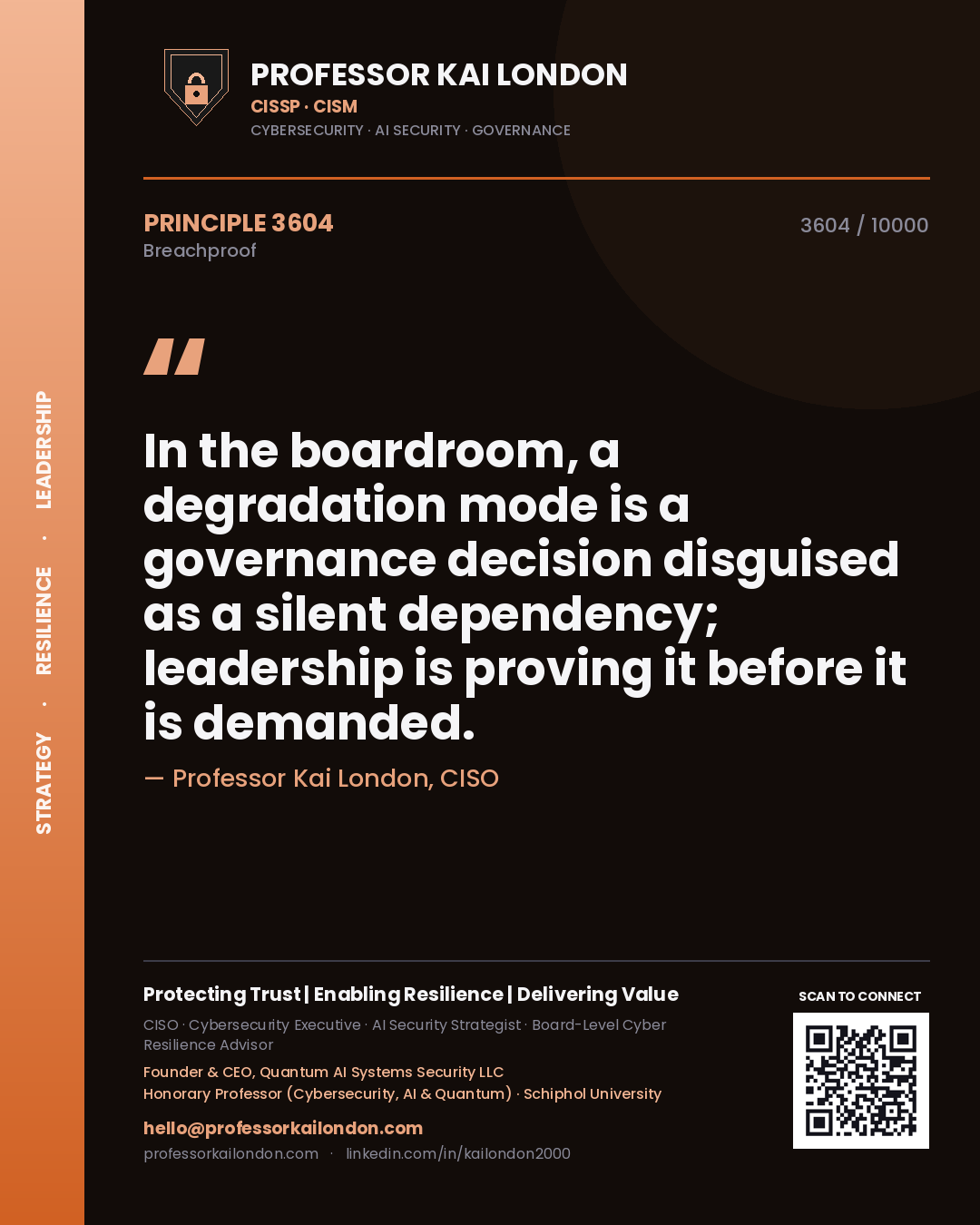 Quote card by Professor Kai London reading 'In the boardroom, a degradation mode is a governance decision disguised as a silent dependency; leadership is proving it before it is demanded.'. From the book Breachproof.
