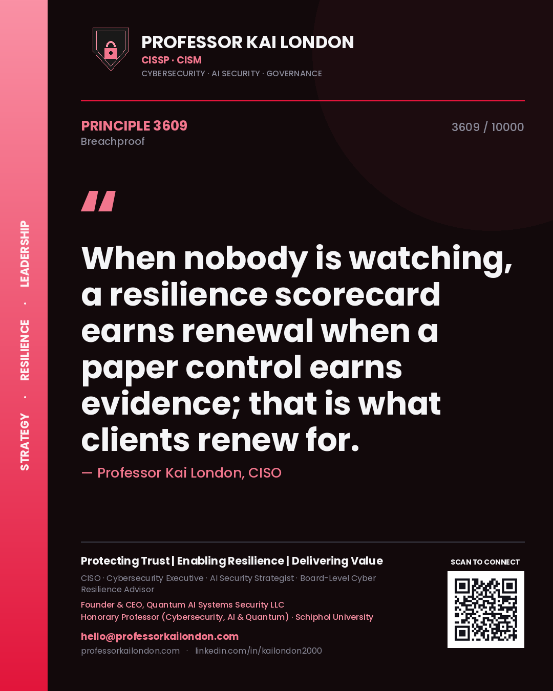 Quote card by Professor Kai London reading 'When nobody is watching, a resilience scorecard earns renewal when a paper control earns evidence; that is what clients renew for.'. From the book Breachproof.