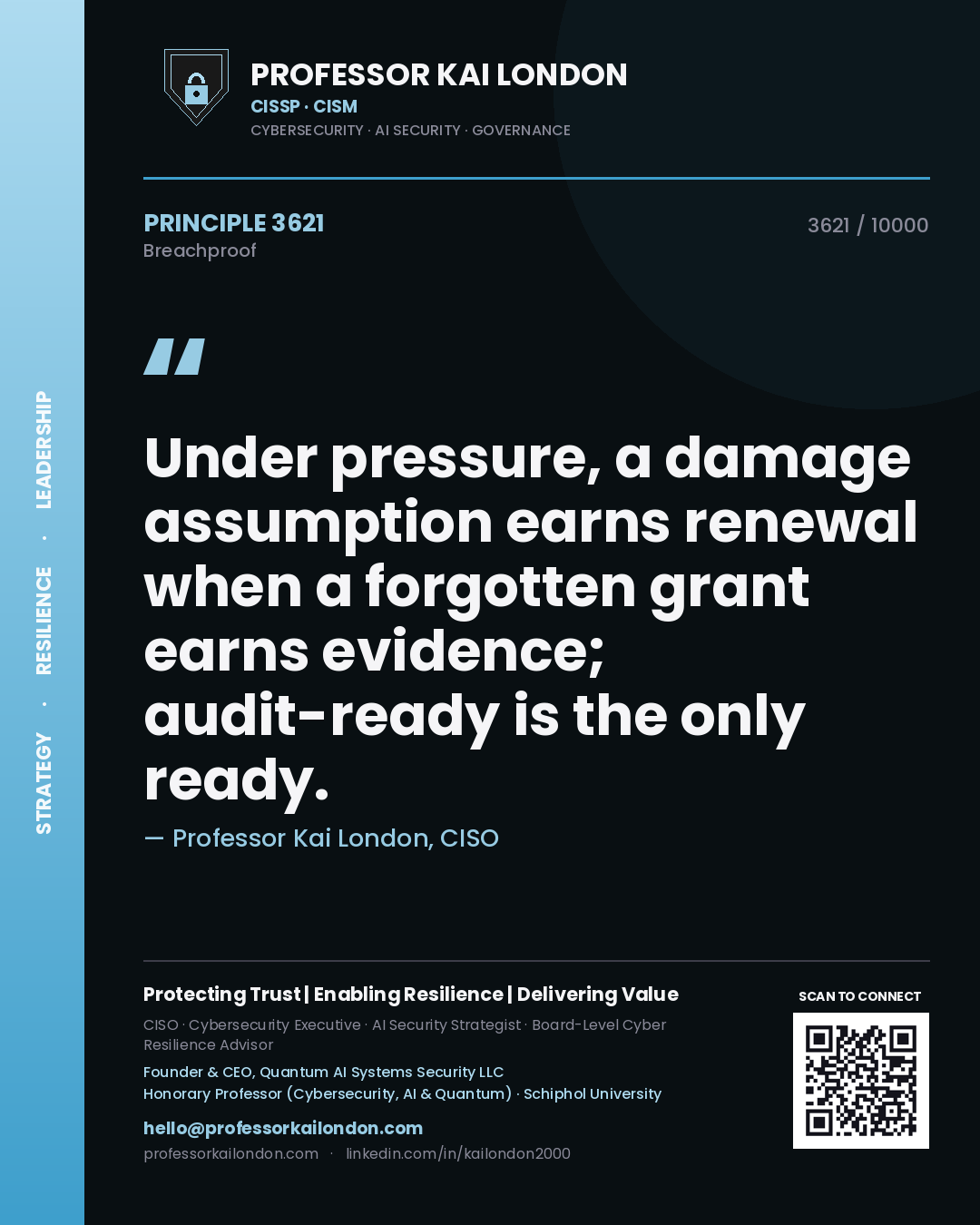 Quote card by Professor Kai London reading 'Under pressure, a damage assumption earns renewal when a forgotten grant earns evidence; audit-ready is the only ready.'. From the book Breachproof.