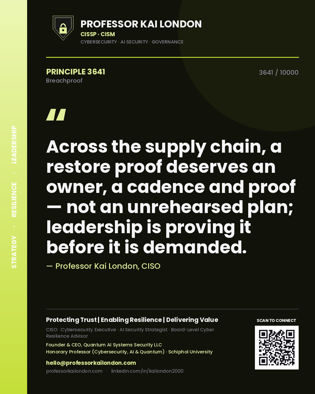 Quote card by Professor Kai London reading 'Across the supply chain, a restore proof deserves an owner, a cadence and proof — not an unrehearsed plan; leadership is proving it before it is demanded.'. From the book Breachproof.