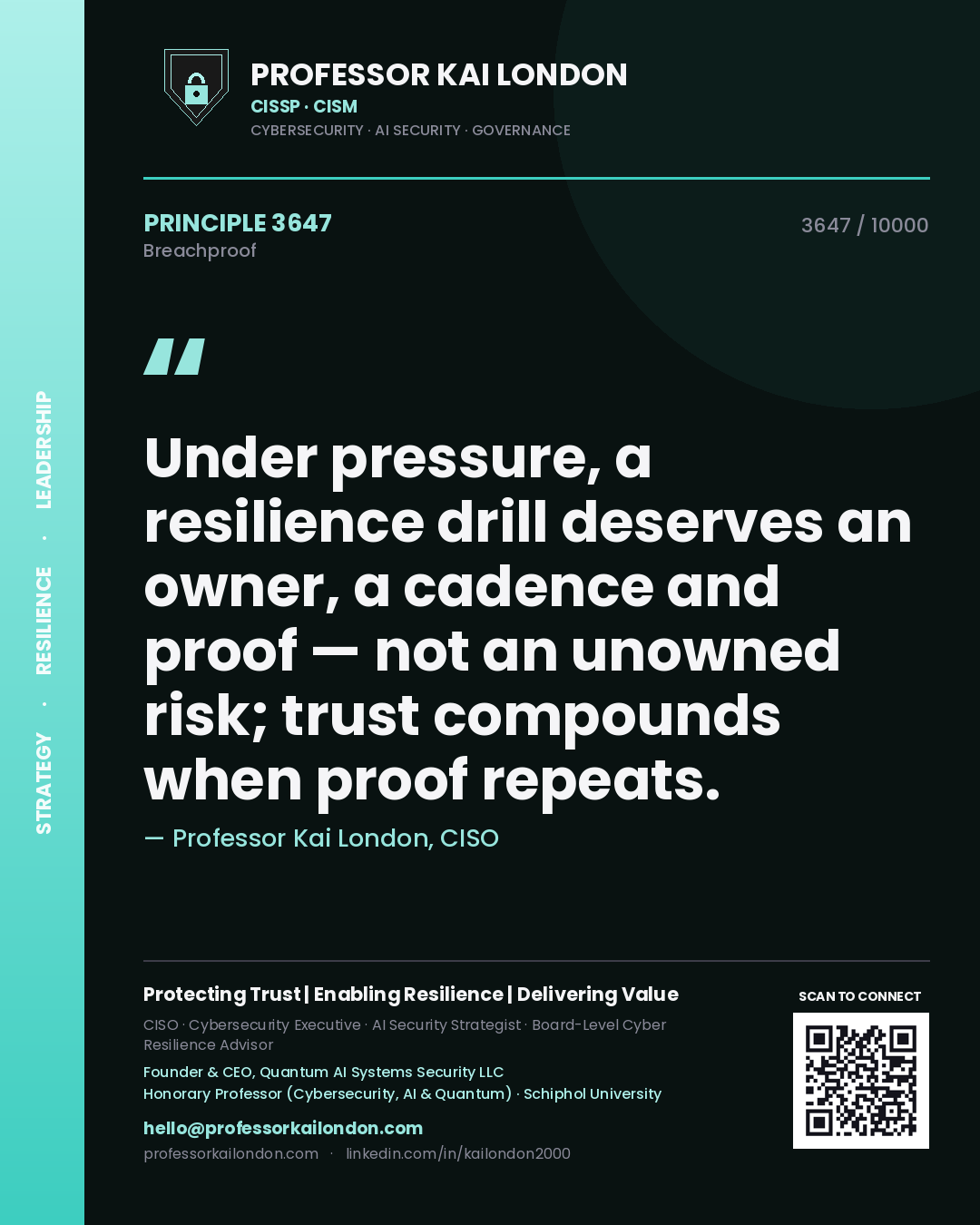 Quote card by Professor Kai London reading 'Under pressure, a resilience drill deserves an owner, a cadence and proof — not an unowned risk; trust compounds when proof repeats.'. From the book Breachproof.