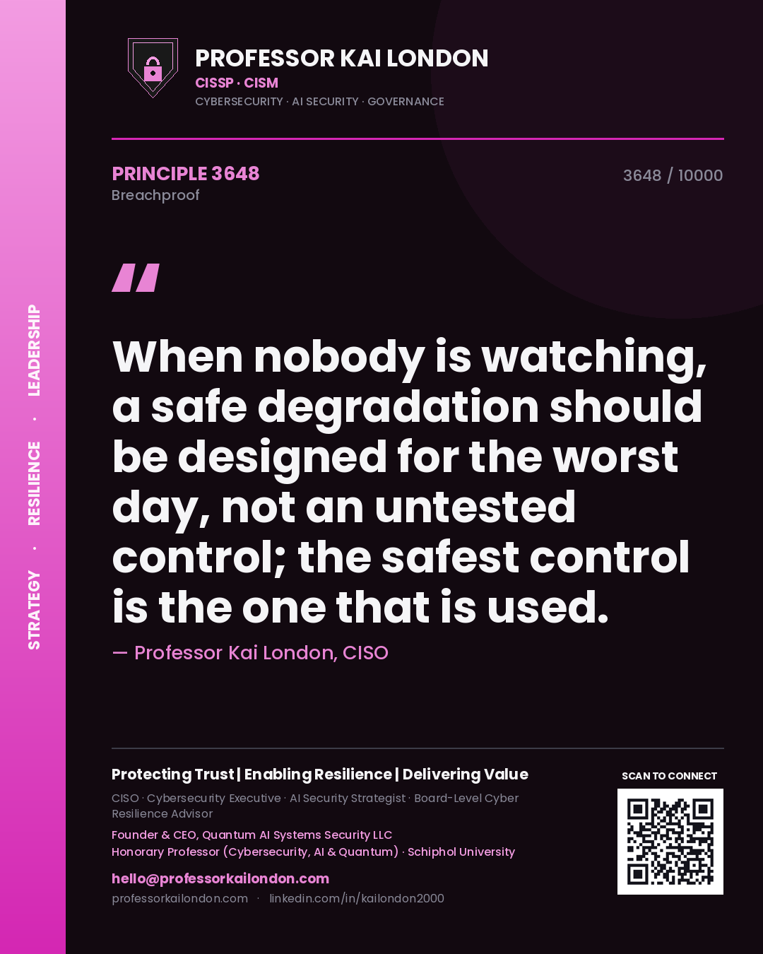 Quote card by Professor Kai London reading 'When nobody is watching, a safe degradation should be designed for the worst day, not an untested control; the safest control is the one that is used.'. From the book Breachproof.