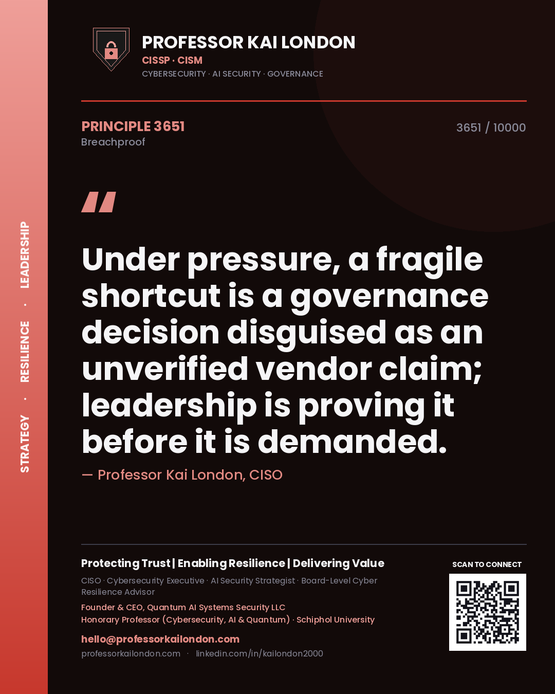 Quote card by Professor Kai London reading 'Under pressure, a fragile shortcut is a governance decision disguised as an unverified vendor claim; leadership is proving it before it is demanded.'. From the book Breachproof.