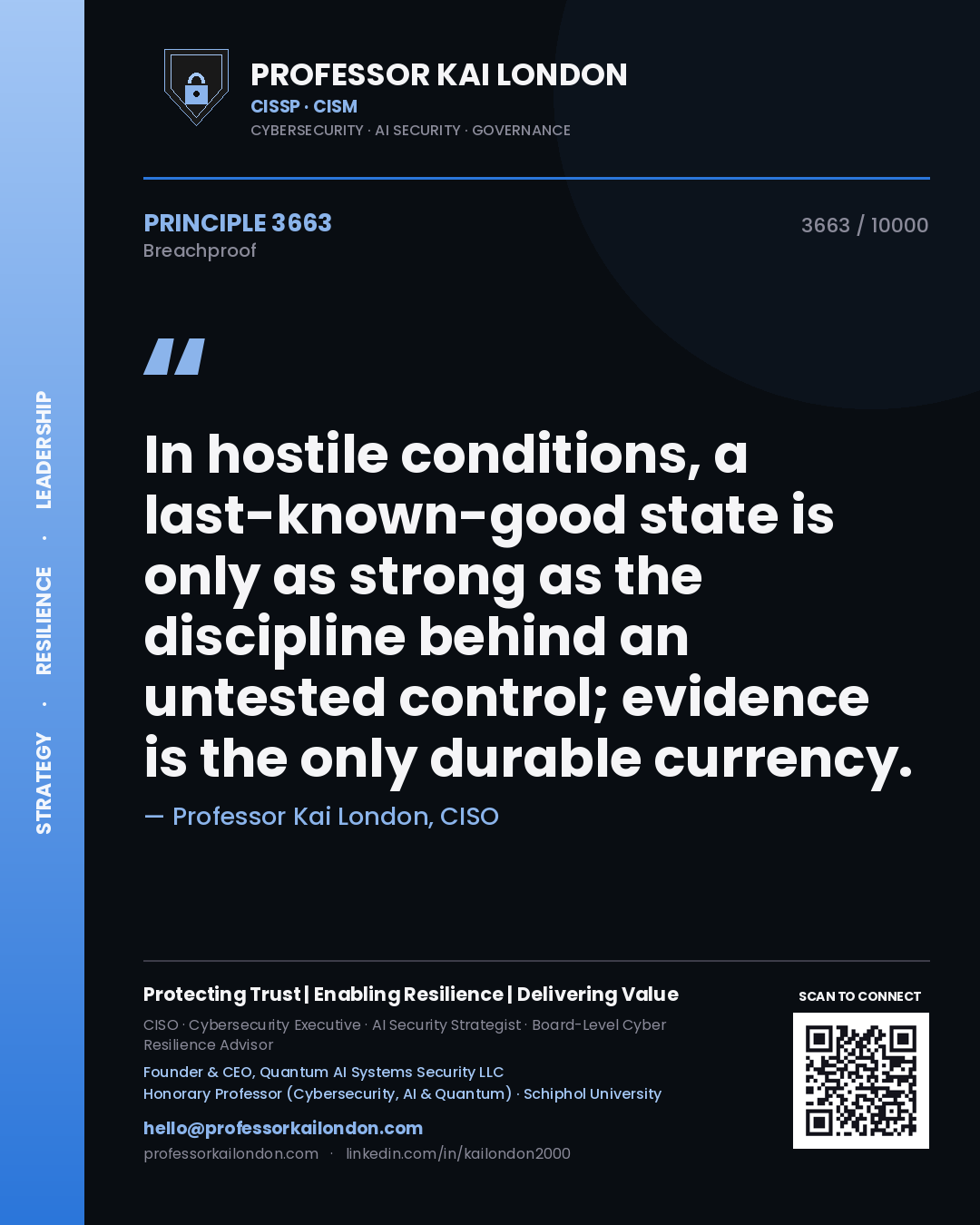 Quote card by Professor Kai London reading 'In hostile conditions, a last-known-good state is only as strong as the discipline behind an untested control; evidence is the only durable currency.'. From the book Breachproof.