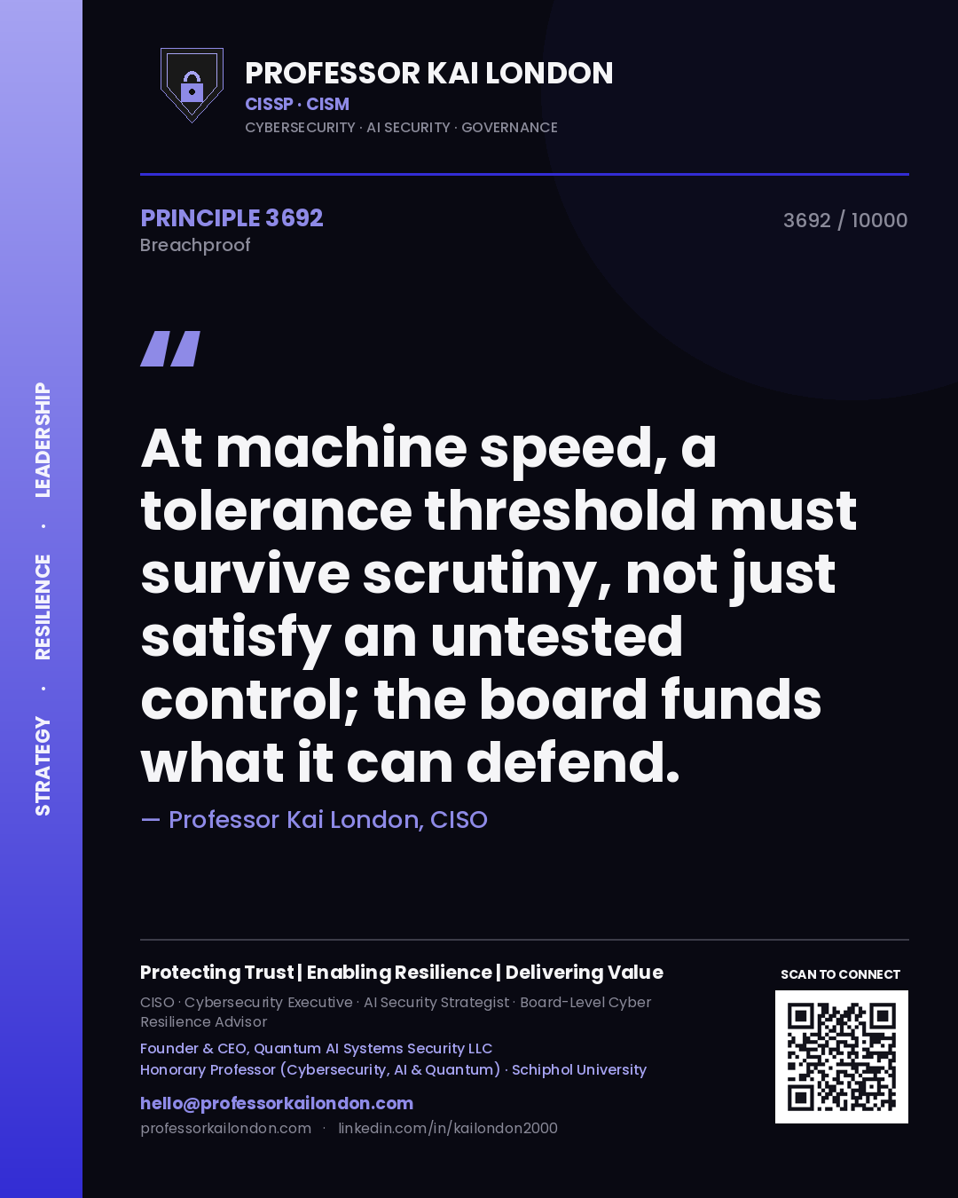 Quote card by Professor Kai London reading 'At machine speed, a tolerance threshold must survive scrutiny, not just satisfy an untested control; the board funds what it can defend.'. From the book Breachproof.