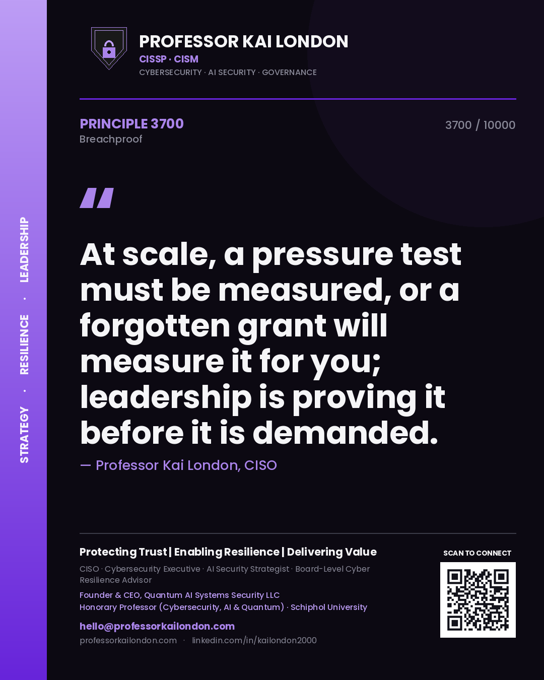 Quote card by Professor Kai London reading 'At scale, a pressure test must be measured, or a forgotten grant will measure it for you; leadership is proving it before it is demanded.'. From the book Breachproof.