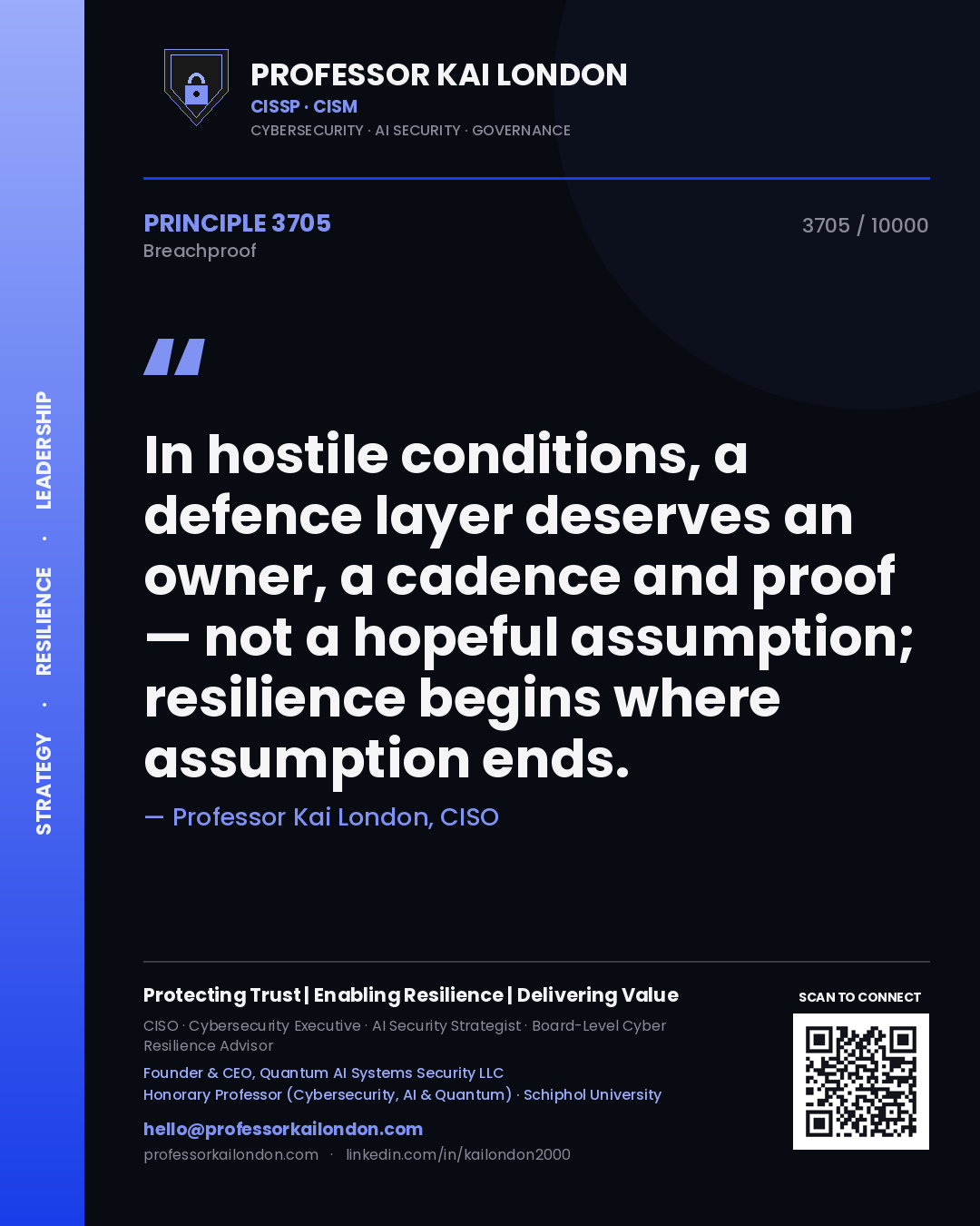 Quote card by Professor Kai London reading 'In hostile conditions, a defence layer deserves an owner, a cadence and proof — not a hopeful assumption; resilience begins where assumption ends.'. From the book Breachproof.