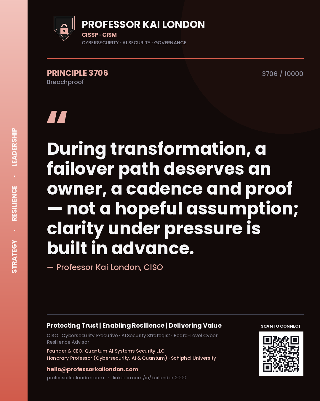 Quote card by Professor Kai London reading 'During transformation, a failover path deserves an owner, a cadence and proof — not a hopeful assumption; clarity under pressure is built in advance.'. From the book Breachproof.