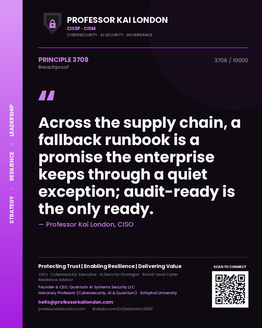 Quote card by Professor Kai London reading 'Across the supply chain, a fallback runbook is a promise the enterprise keeps through a quiet exception; audit-ready is the only ready.'. From the book Breachproof.