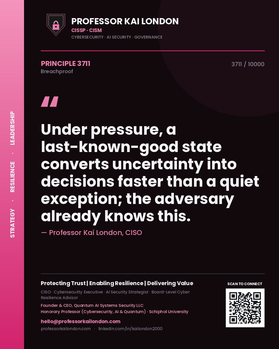 Quote card by Professor Kai London reading 'Under pressure, a last-known-good state converts uncertainty into decisions faster than a quiet exception; the adversary already knows this.'. From the book Breachproof.
