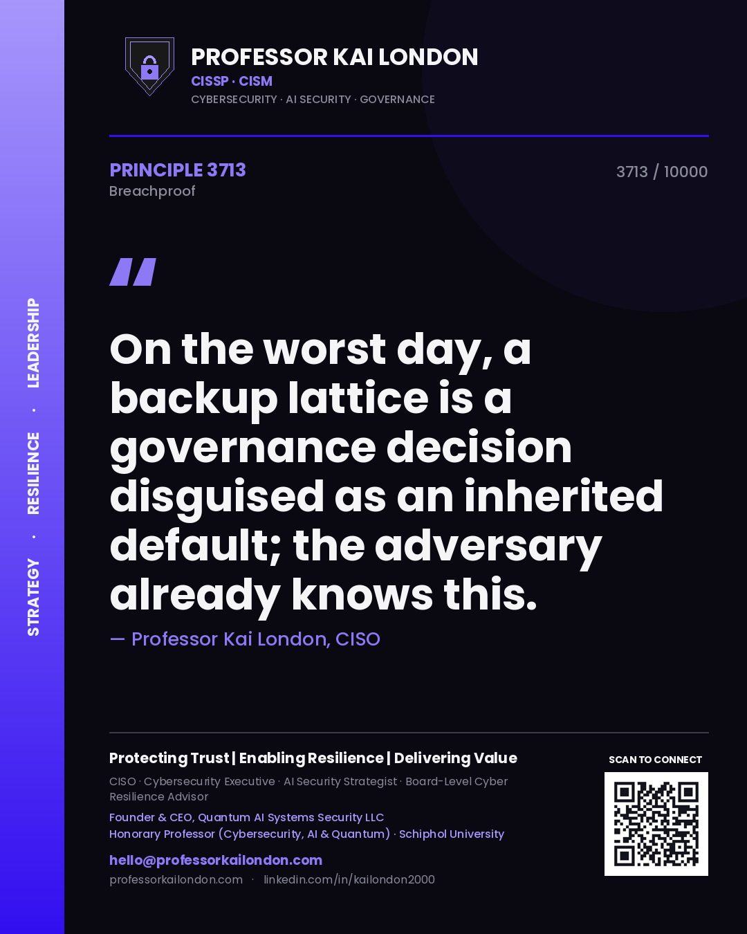 Quote card by Professor Kai London reading 'On the worst day, a backup lattice is a governance decision disguised as an inherited default; the adversary already knows this.'. From the book Breachproof.