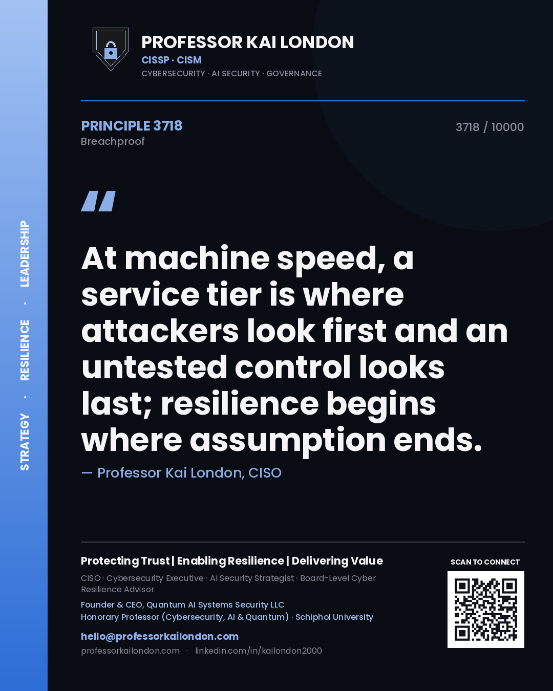 Quote card by Professor Kai London reading 'At machine speed, a service tier is where attackers look first and an untested control looks last; resilience begins where assumption ends.'. From the book Breachproof.