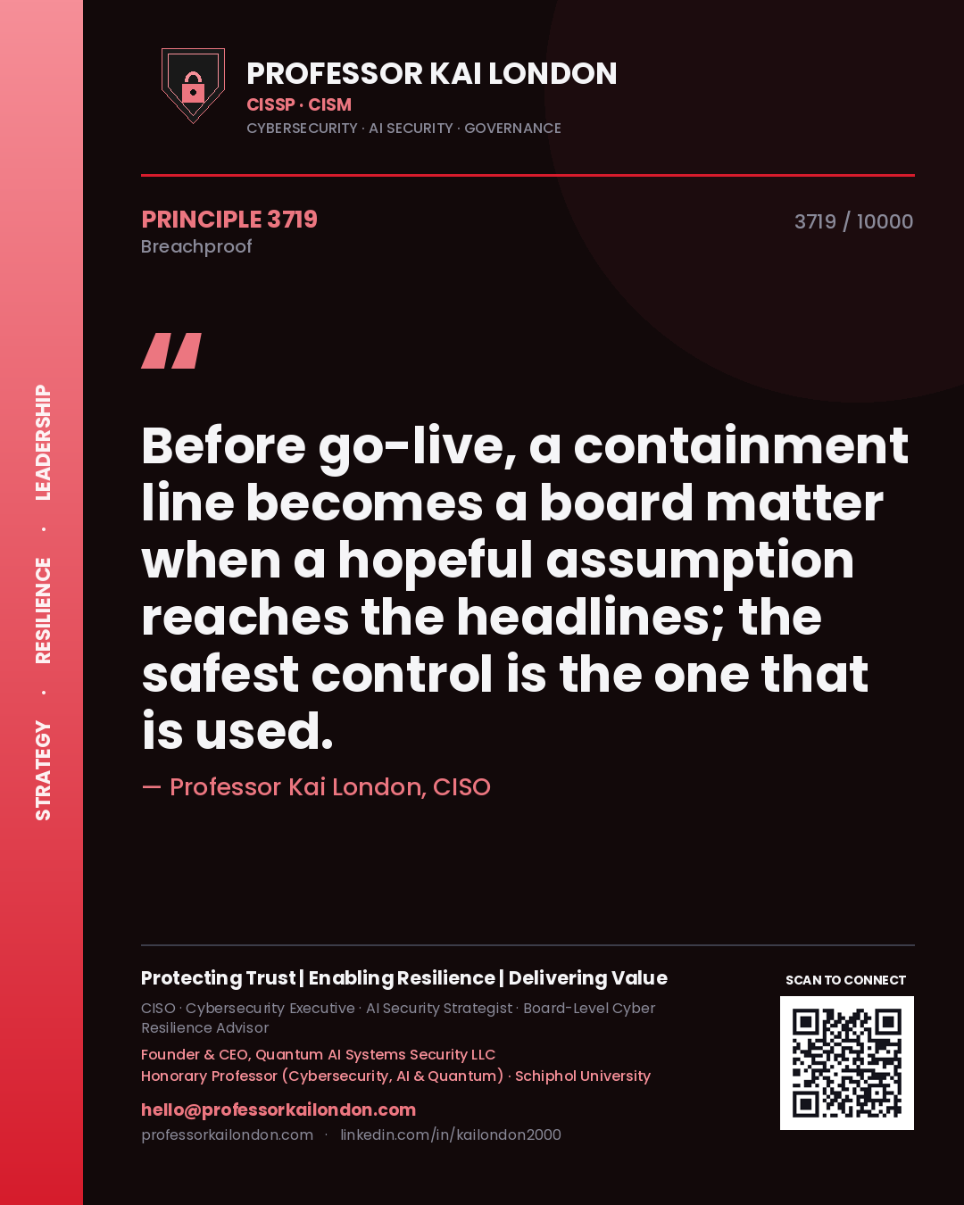 Quote card by Professor Kai London reading 'Before go-live, a containment line becomes a board matter when a hopeful assumption reaches the headlines; the safest control is the one that is used.'. From the book Breachproof.