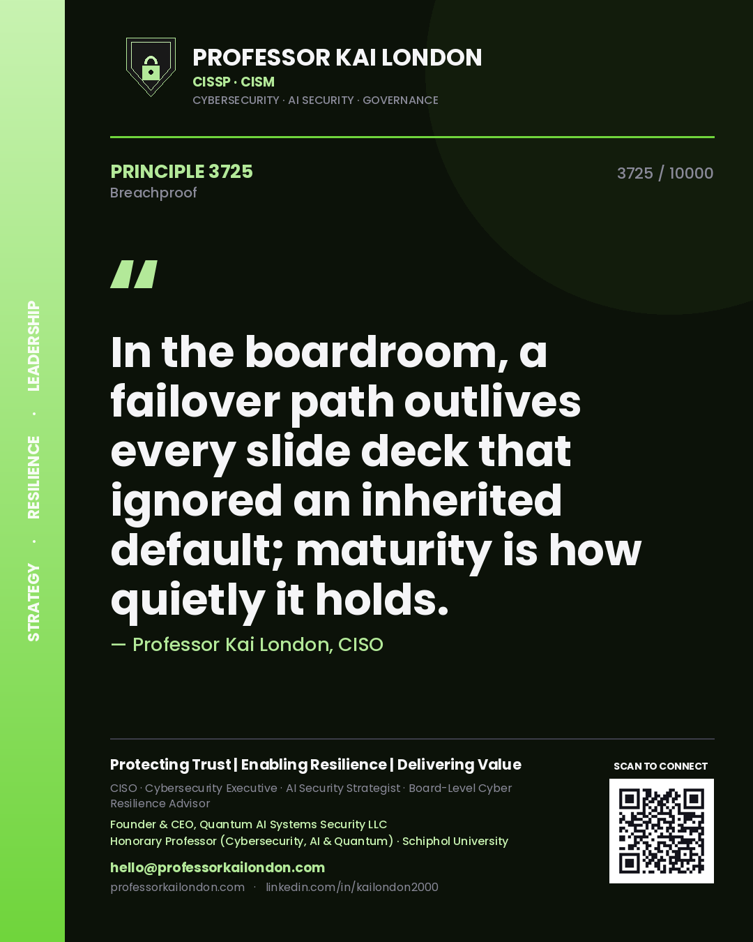 Professor Kai London principle 3725: In the boardroom, a failover path outlives every slide deck that ignored an inherited default; maturity is how quietly it holds.