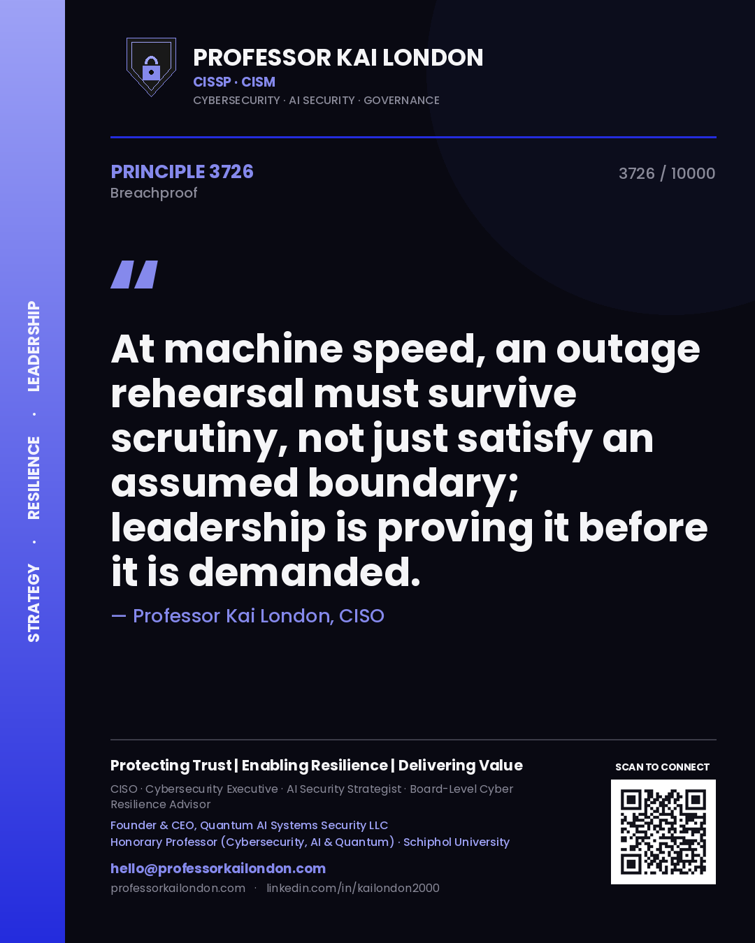 Quote card by Professor Kai London reading 'At machine speed, an outage rehearsal must survive scrutiny, not just satisfy an assumed boundary; leadership is proving it before it is demanded.'. From the book Breachproof.