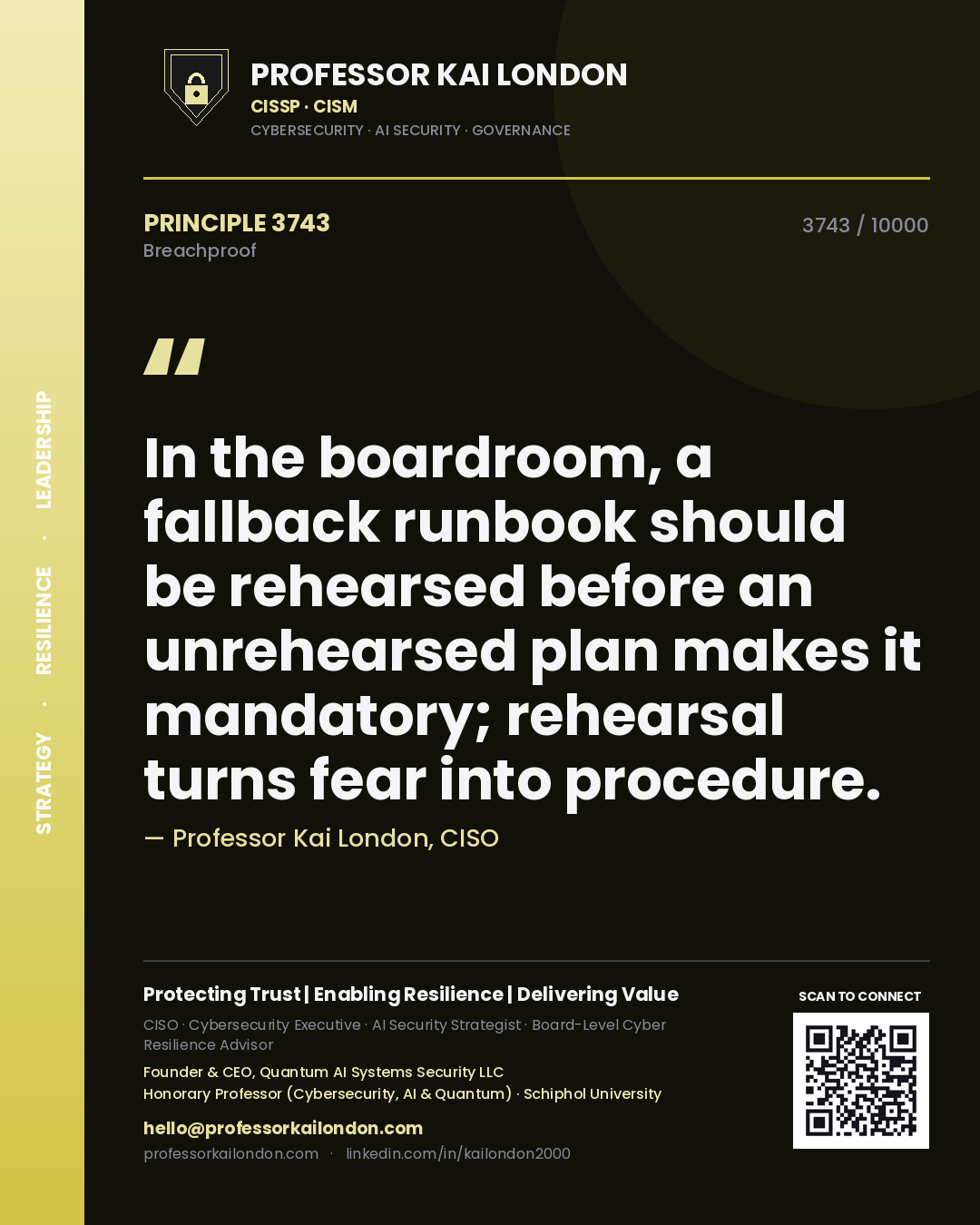 Quote card by Professor Kai London reading 'In the boardroom, a fallback runbook should be rehearsed before an unrehearsed plan makes it mandatory; rehearsal turns fear into procedure.'. From the book Breachproof.