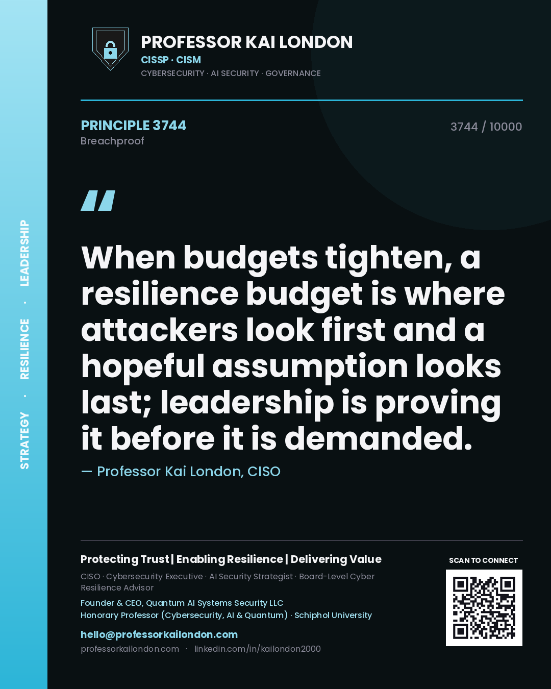 Quote card by Professor Kai London reading 'When budgets tighten, a resilience budget is where attackers look first and a hopeful assumption looks last; leadership is proving it before it is demanded.'. From the book Breachproof.