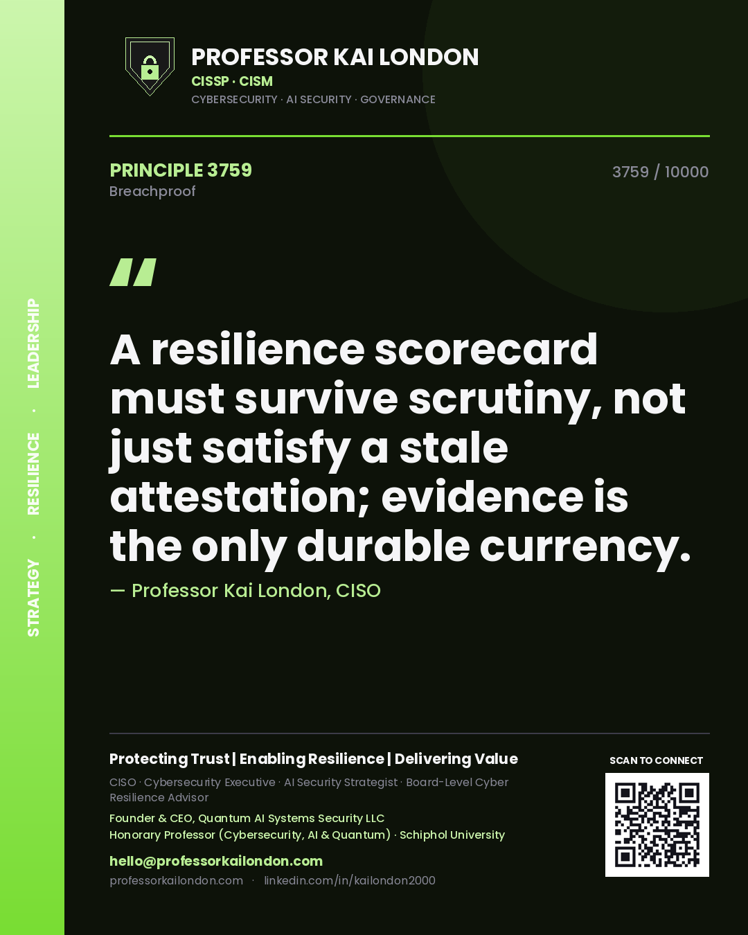 Quote card by Professor Kai London reading 'A resilience scorecard must survive scrutiny, not just satisfy a stale attestation; evidence is the only durable currency.'. From the book Breachproof.