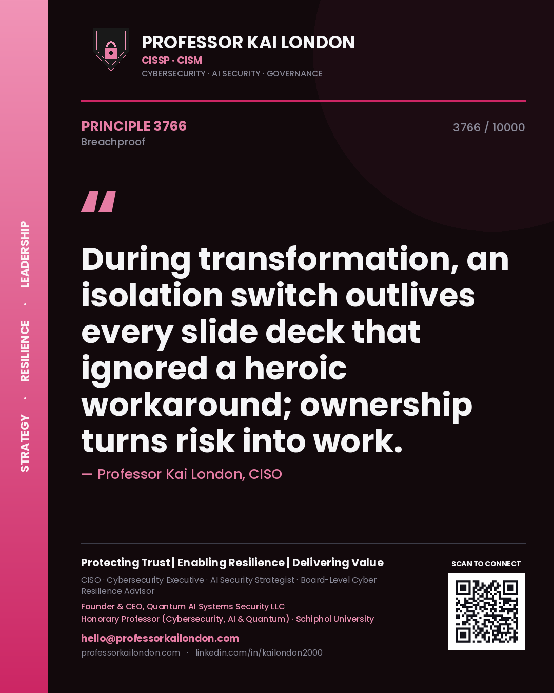 Quote card by Professor Kai London reading 'During transformation, an isolation switch outlives every slide deck that ignored a heroic workaround; ownership turns risk into work.'. From the book Breachproof.