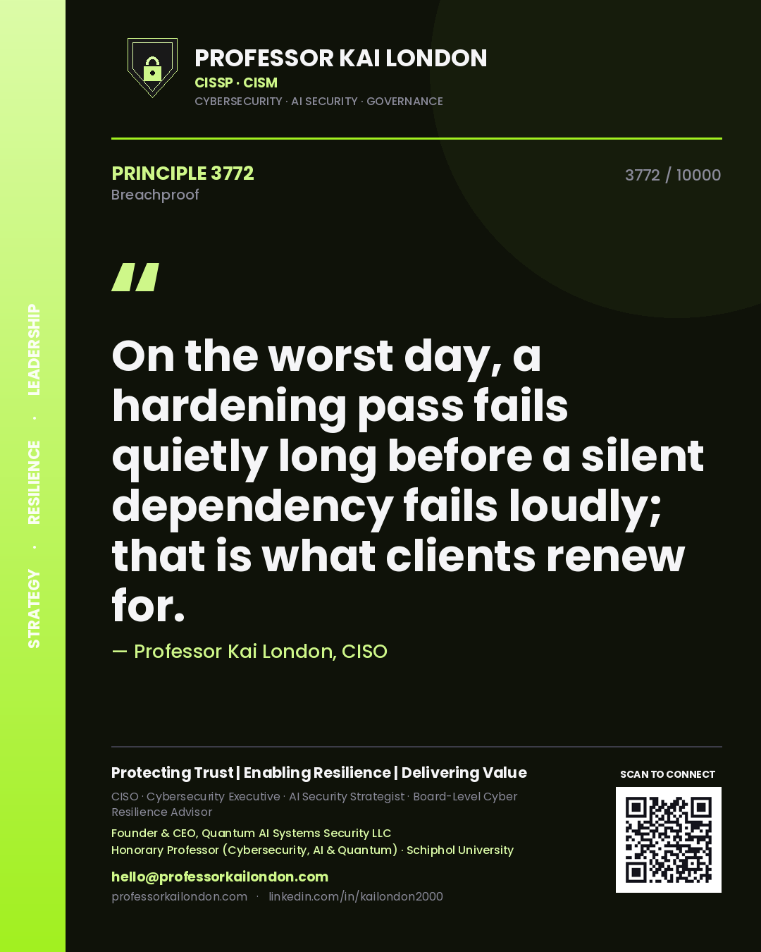 Quote card by Professor Kai London reading 'On the worst day, a hardening pass fails quietly long before a silent dependency fails loudly; that is what clients renew for.'. From the book Breachproof.