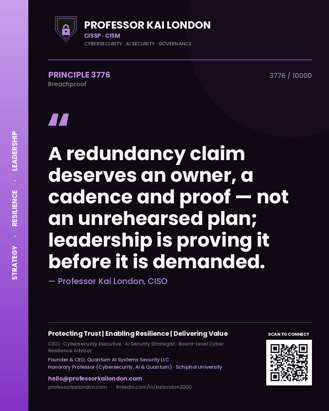 Professor Kai London principle 3776: A redundancy claim deserves an owner, a cadence and proof — not an unrehearsed plan; leadership is proving it before it is demanded.