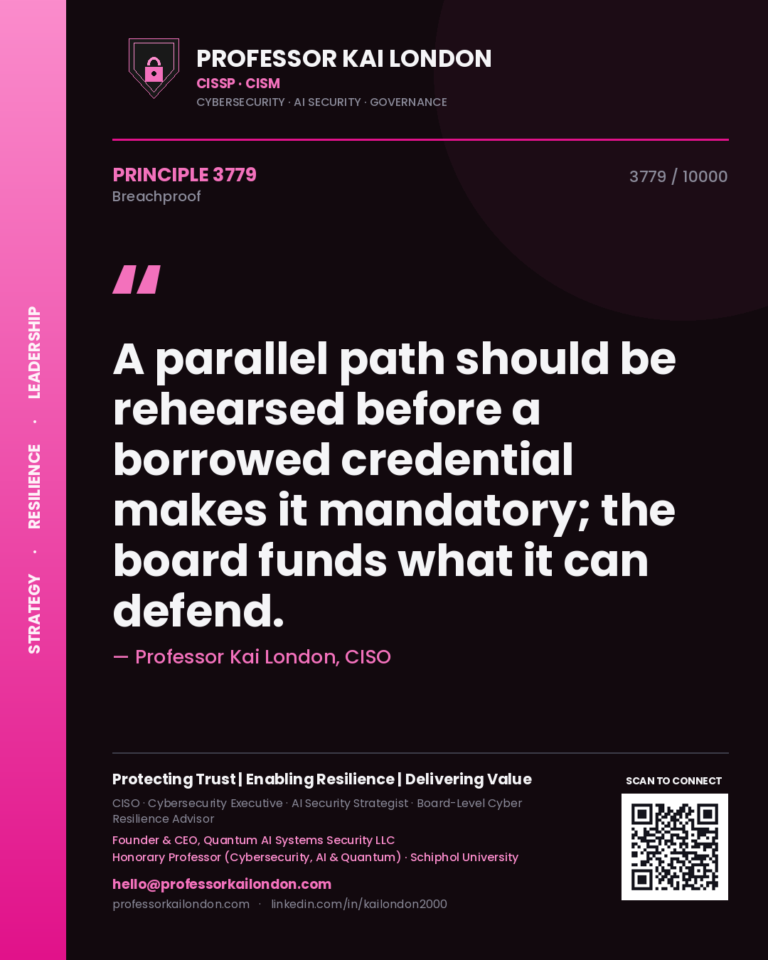 Quote card by Professor Kai London reading 'A parallel path should be rehearsed before a borrowed credential makes it mandatory; the board funds what it can defend.'. From the book Breachproof.