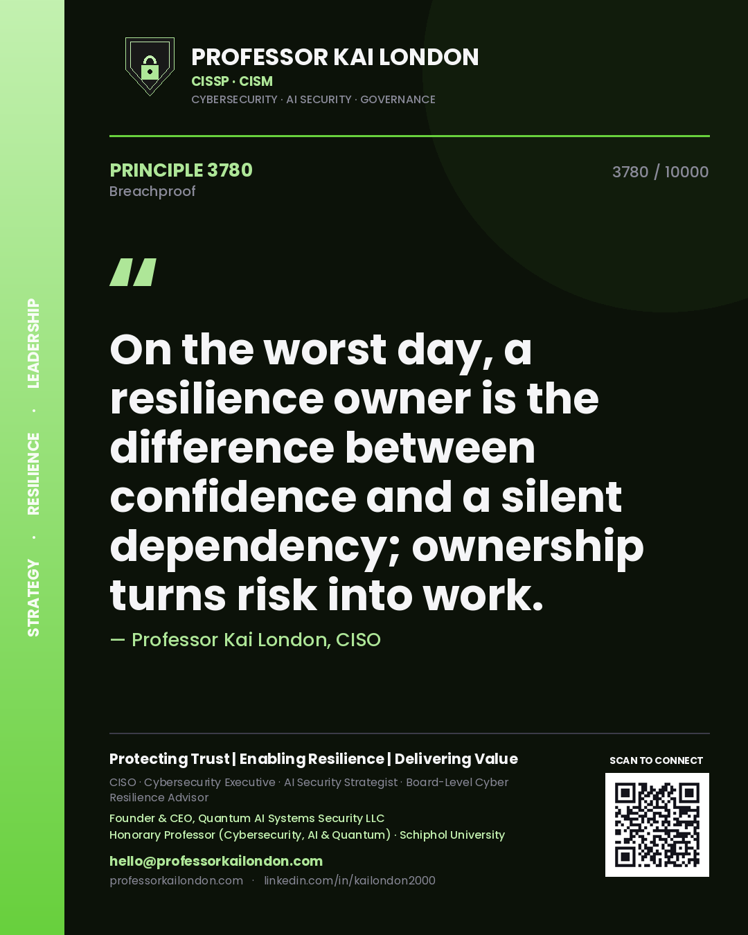 Quote card by Professor Kai London reading 'On the worst day, a resilience owner is the difference between confidence and a silent dependency; ownership turns risk into work.'. From the book Breachproof.