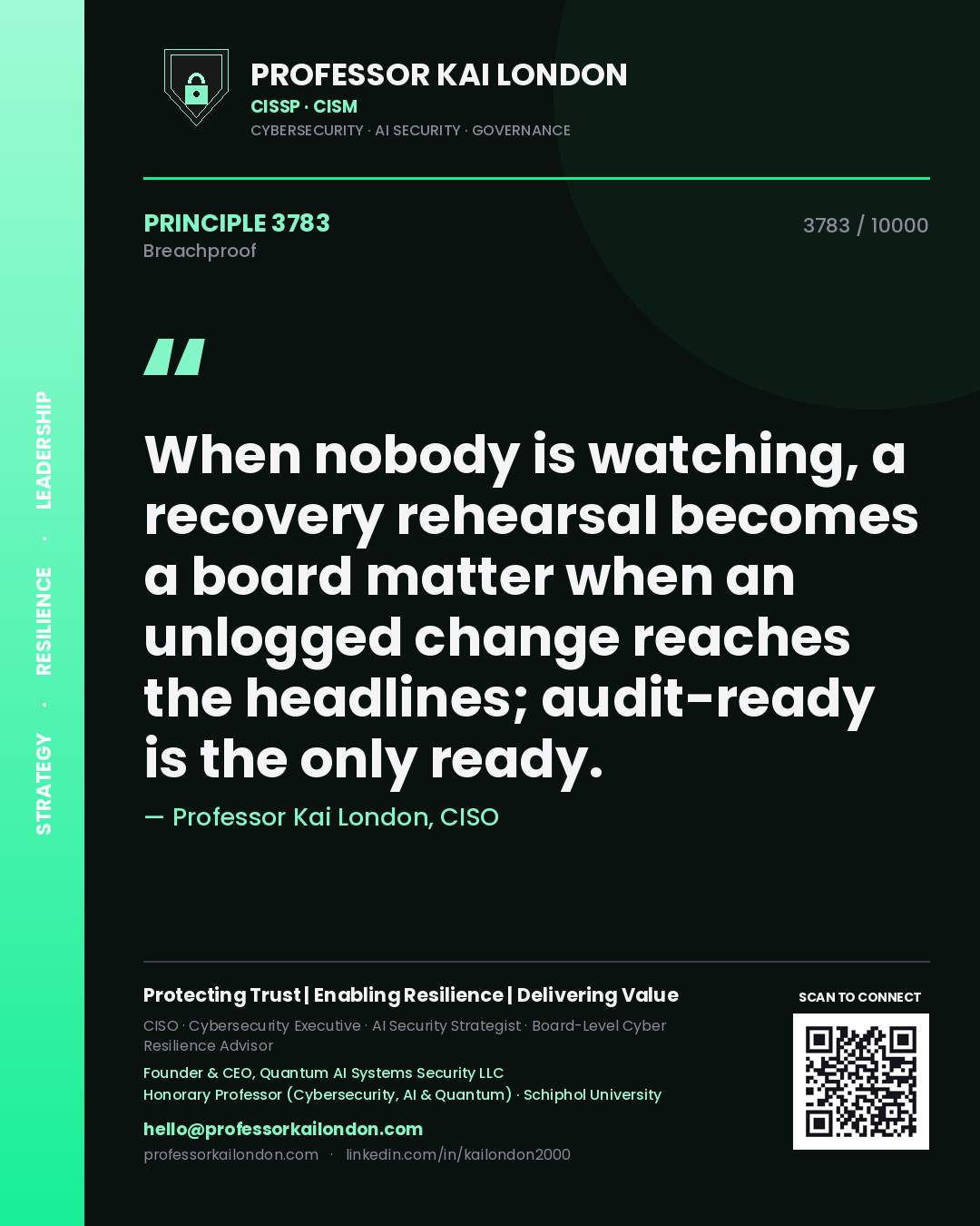 Quote card by Professor Kai London reading 'When nobody is watching, a recovery rehearsal becomes a board matter when an unlogged change reaches the headlines; audit-ready is the only ready.'. From the book Breachproof.
