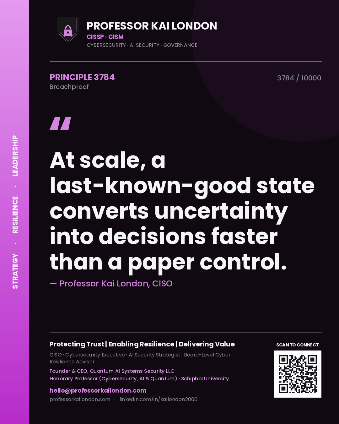 Quote card by Professor Kai London reading 'At scale, a last-known-good state converts uncertainty into decisions faster than a paper control.'. From the book Breachproof.