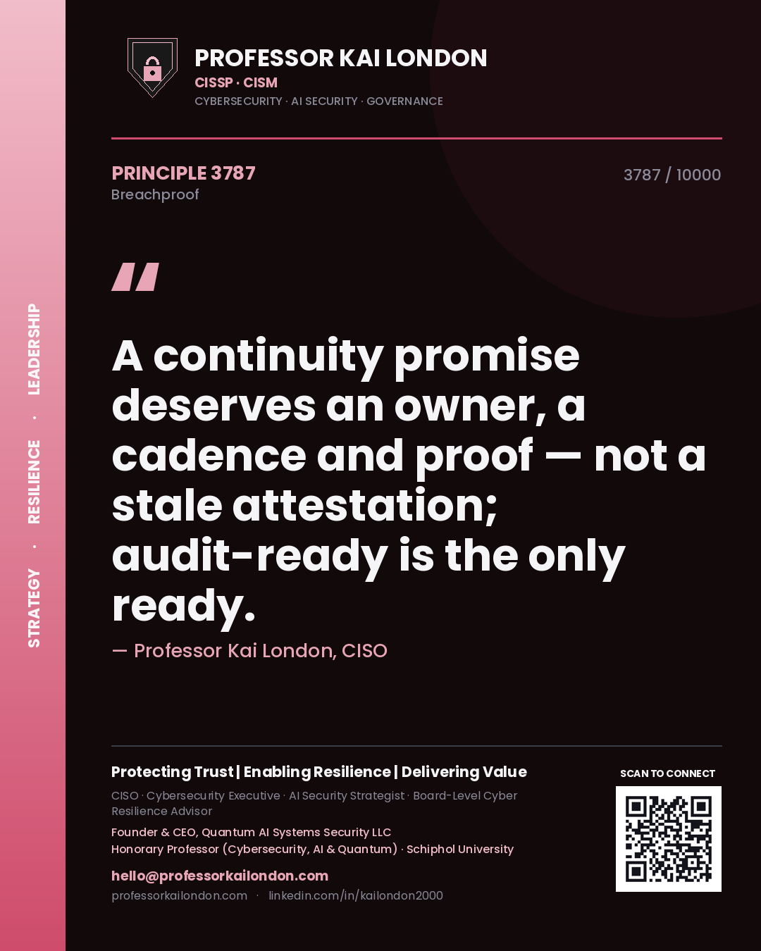Quote card by Professor Kai London reading 'A continuity promise deserves an owner, a cadence and proof — not a stale attestation; audit-ready is the only ready.'. From the book Breachproof.