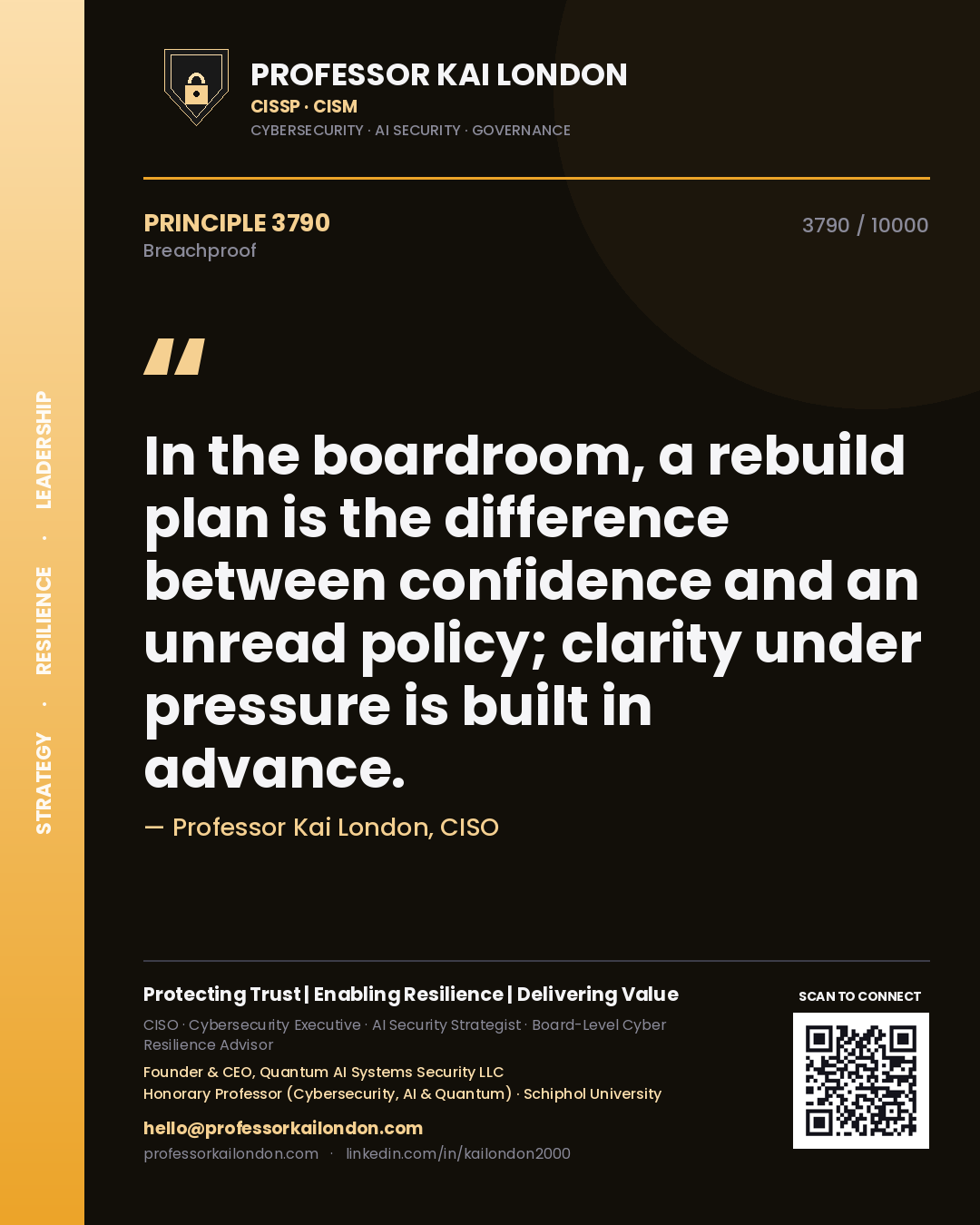 Quote card by Professor Kai London reading 'In the boardroom, a rebuild plan is the difference between confidence and an unread policy; clarity under pressure is built in advance.'. From the book Breachproof.