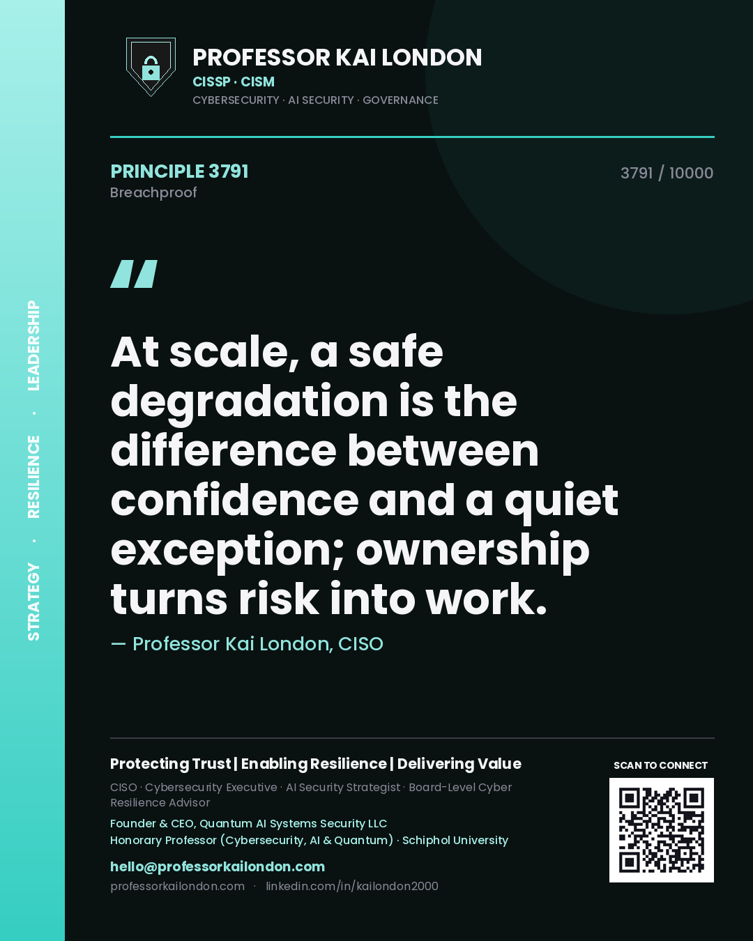 Quote card by Professor Kai London reading 'At scale, a safe degradation is the difference between confidence and a quiet exception; ownership turns risk into work.'. From the book Breachproof.