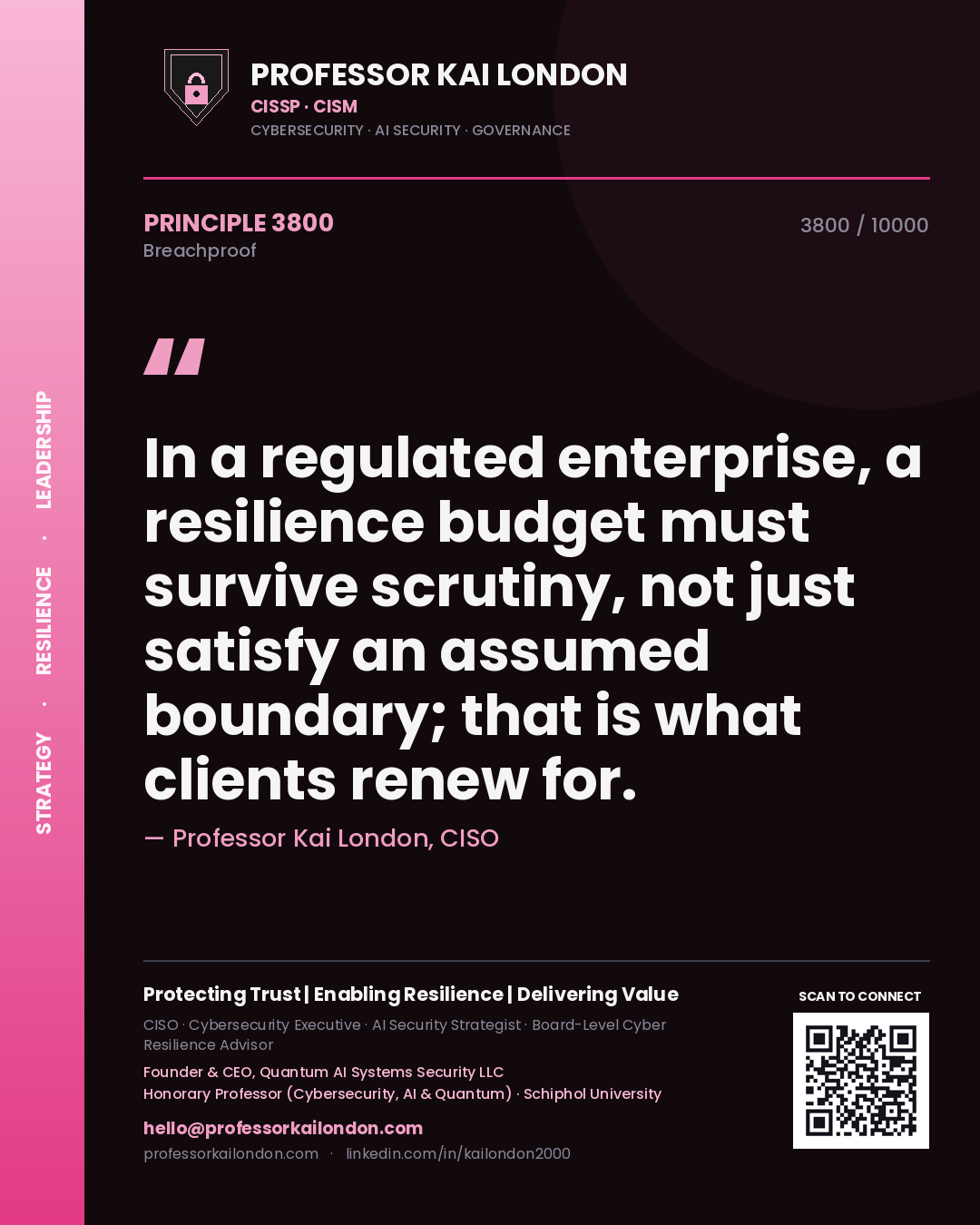 Quote card by Professor Kai London reading 'In a regulated enterprise, a resilience budget must survive scrutiny, not just satisfy an assumed boundary; that is what clients renew for.'. From the book Breachproof.