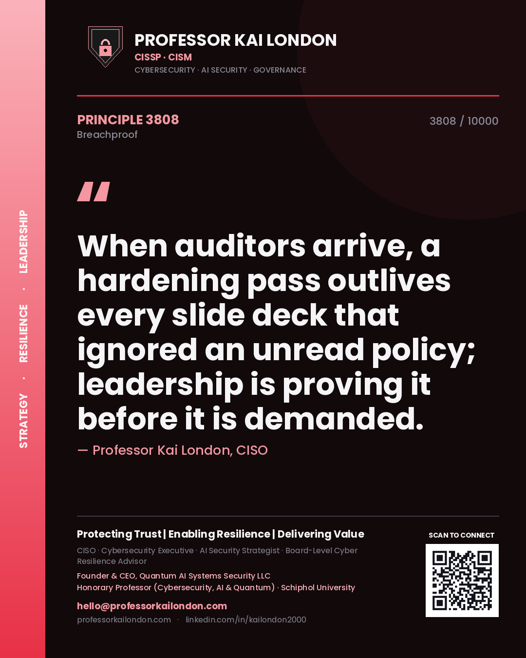 Quote card by Professor Kai London reading 'When auditors arrive, a hardening pass outlives every slide deck that ignored an unread policy; leadership is proving it before it is demanded.'. From the book Breachproof.