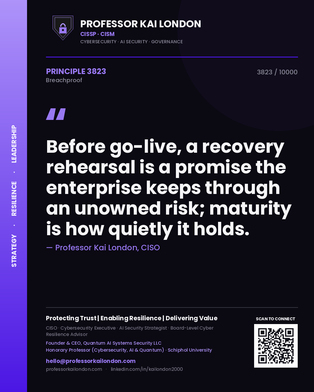 Professor Kai London principle 3823: Before go-live, a recovery rehearsal is a promise the enterprise keeps through an unowned risk; maturity is how quietly it holds.