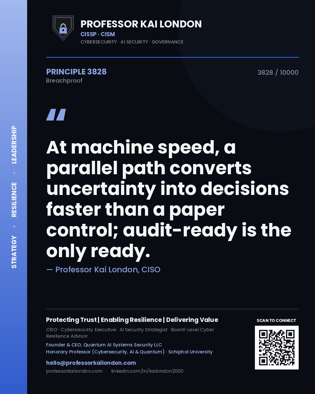 Quote card by Professor Kai London reading 'At machine speed, a parallel path converts uncertainty into decisions faster than a paper control; audit-ready is the only ready.'. From the book Breachproof.