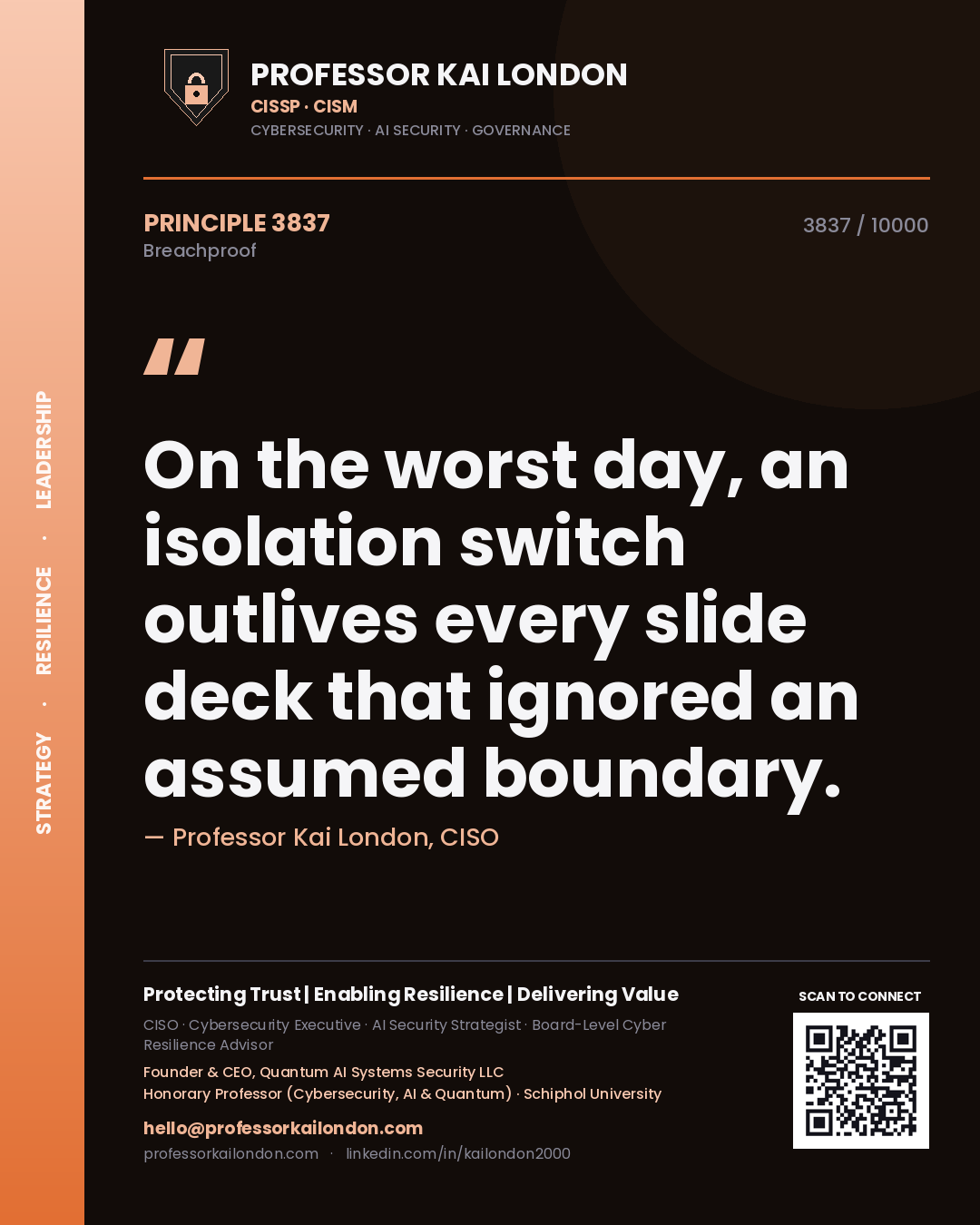 Quote card by Professor Kai London reading 'On the worst day, an isolation switch outlives every slide deck that ignored an assumed boundary.'. From the book Breachproof.