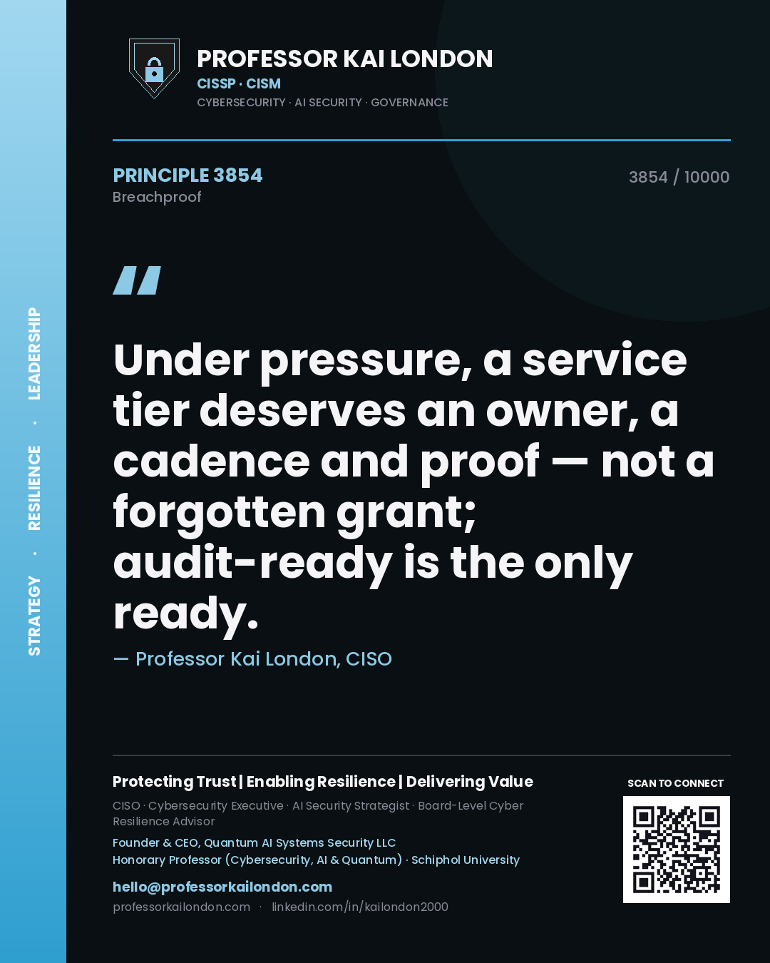 Professor Kai London principle 3854: Under pressure, a service tier deserves an owner, a cadence and proof — not a forgotten grant; audit-ready is the only ready.