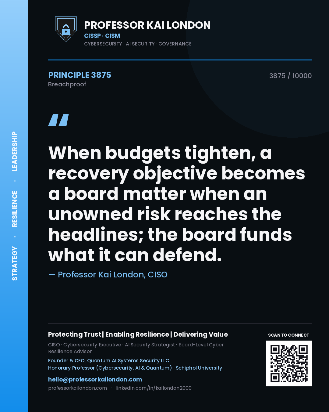 Quote card by Professor Kai London reading 'When budgets tighten, a recovery objective becomes a board matter when an unowned risk reaches the headlines; the board funds what it can defend.'. From the book Breachproof.