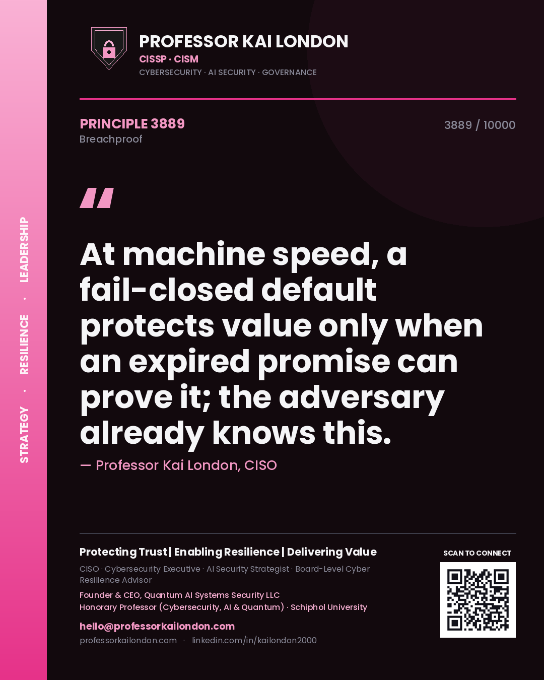 Professor Kai London principle 3889: At machine speed, a fail-closed default protects value only when an expired promise can prove it; the adversary already knows this.