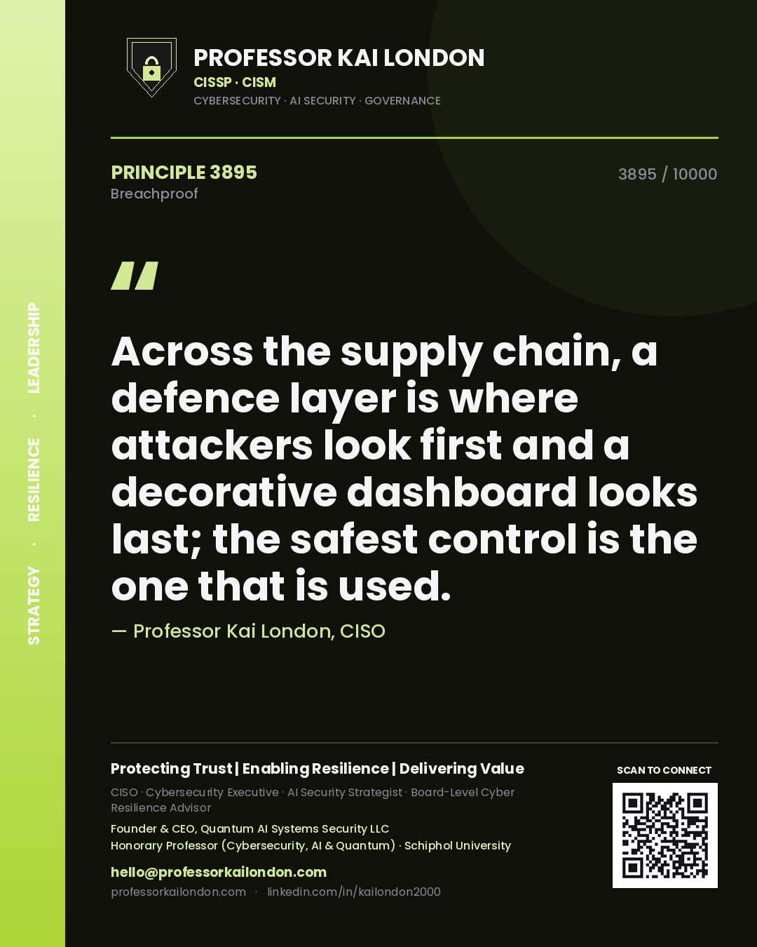 Quote card by Professor Kai London reading 'Across the supply chain, a defence layer is where attackers look first and a decorative dashboard looks last; the safest control is the one that is used.'. From the book Breachproof.