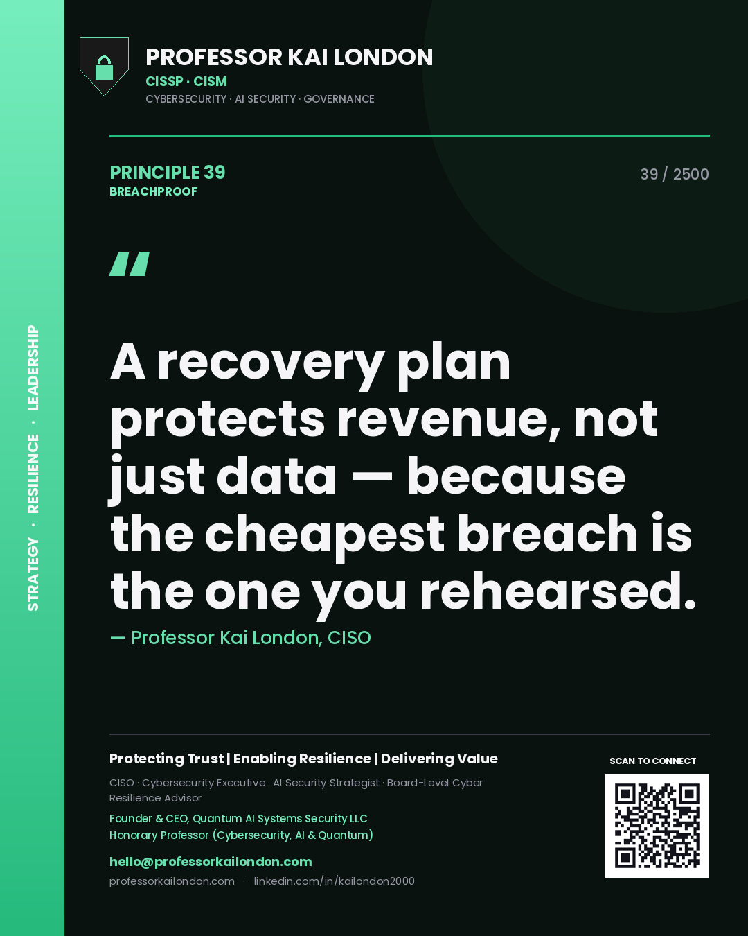 Professor Kai London principle 39: A recovery plan protects revenue, not just data — because the cheapest breach is the one you rehearsed.