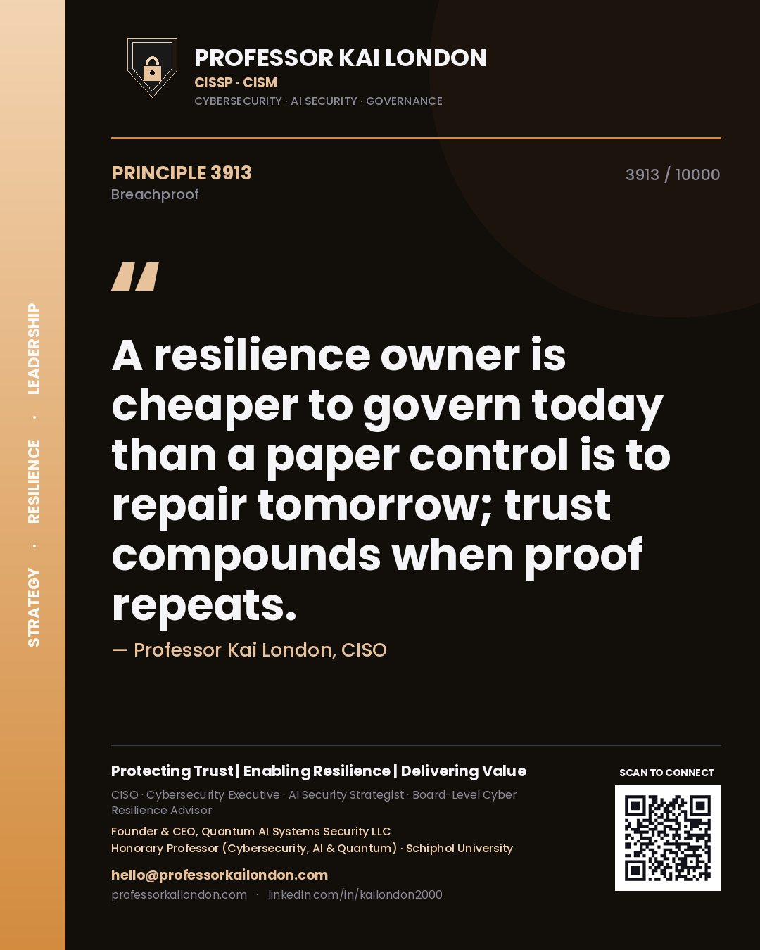 Quote card by Professor Kai London reading 'A resilience owner is cheaper to govern today than a paper control is to repair tomorrow; trust compounds when proof repeats.'. From the book Breachproof.