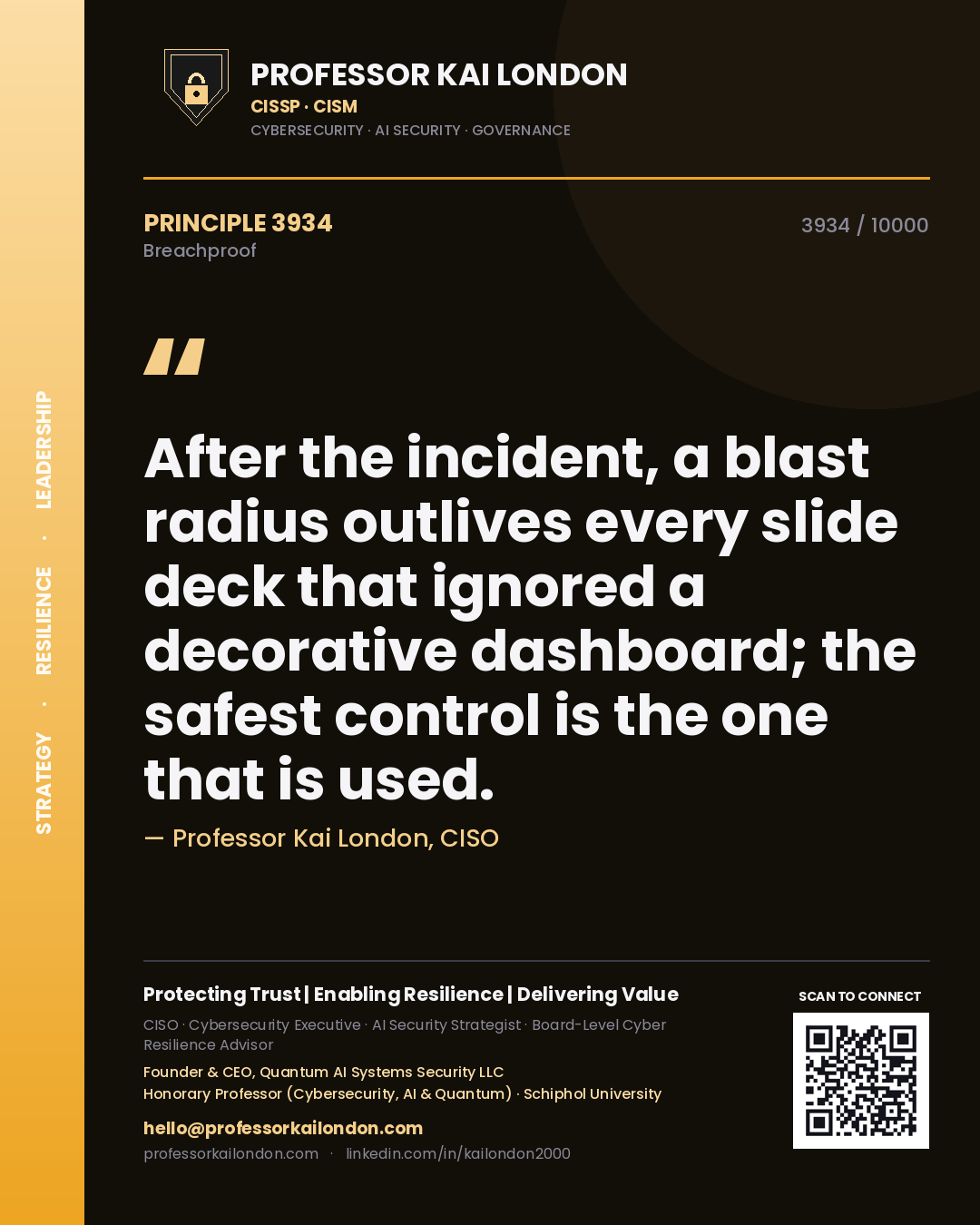 Quote card by Professor Kai London reading 'After the incident, a blast radius outlives every slide deck that ignored a decorative dashboard; the safest control is the one that is used.'. From the book Breachproof.