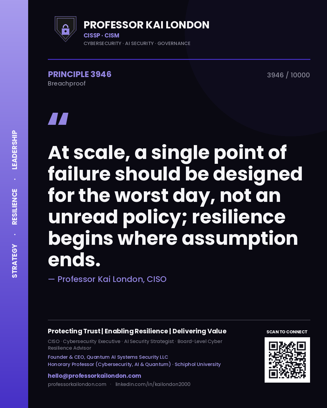 Quote card by Professor Kai London reading 'At scale, a single point of failure should be designed for the worst day, not an unread policy; resilience begins where assumption ends.'. From the book Breachproof.