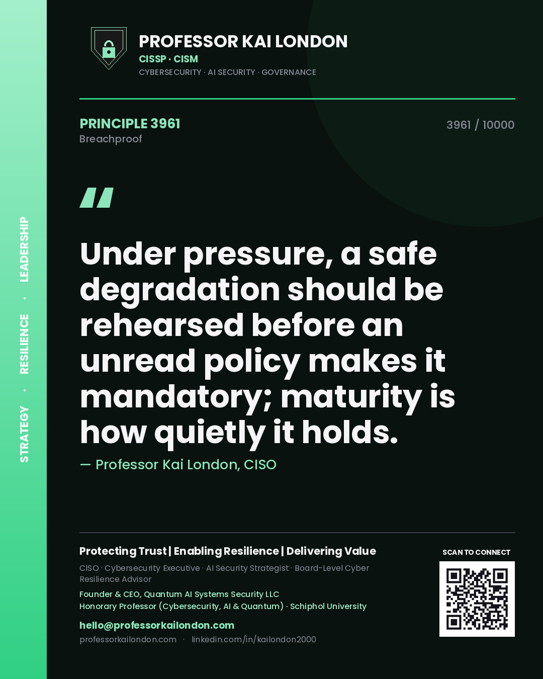Professor Kai London principle 3961: Under pressure, a safe degradation should be rehearsed before an unread policy makes it mandatory; maturity is how quietly it holds.