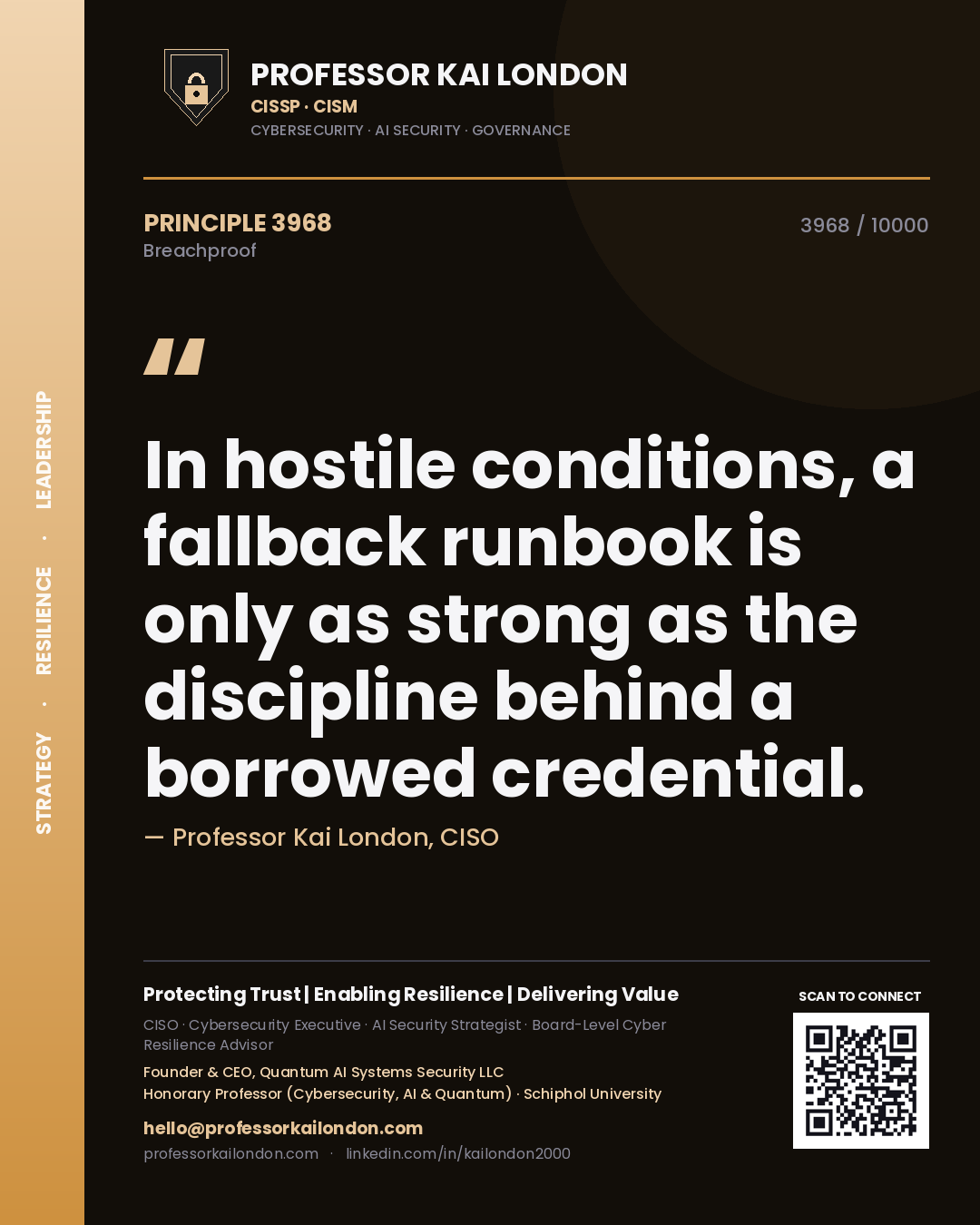Quote card by Professor Kai London reading 'In hostile conditions, a fallback runbook is only as strong as the discipline behind a borrowed credential.'. From the book Breachproof.